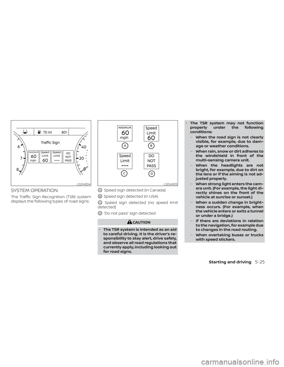 NISSAN FRONTIER 2022 Owner´s Manual SYSTEM OPERATION
The Traffic Sign Recognition (TSR) system
displays the following types of road signs:
OASpeed sign detected (in Canada)
OBSpeed sign detected (in USA)
OCSpeed sign detected (no speed NISSAN FRONTIER 2022 Owner´s Manual SYSTEM OPERATION
The Traffic Sign Recognition (TSR) system
displays the following types of road signs:
OASpeed sign detected (in Canada)
OBSpeed sign detected (in USA)
OCSpeed sign detected (no speed