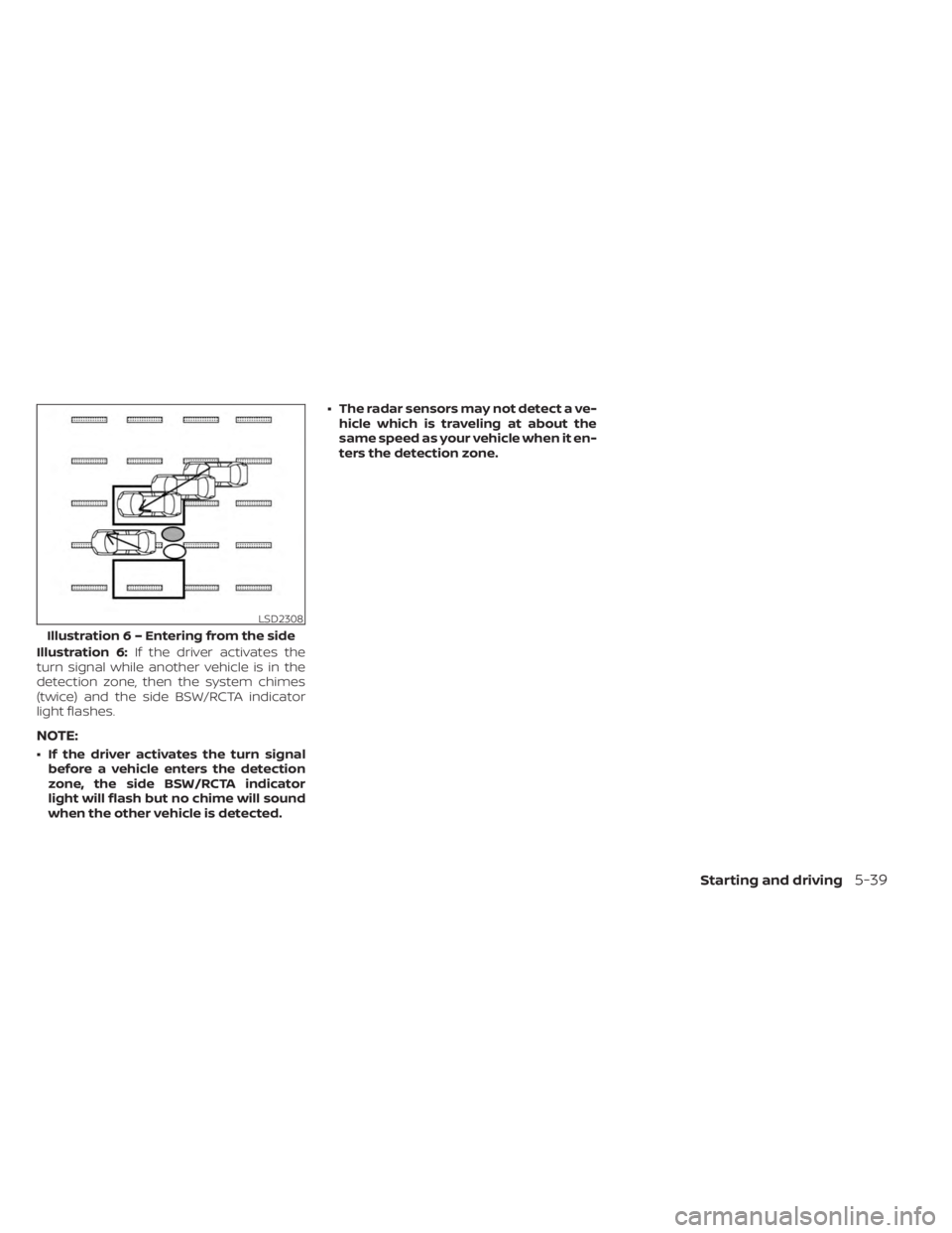 NISSAN FRONTIER 2022 Owner´s Manual Illustration 6:If the driver activates the
turn signal while another vehicle is in the
detection zone, then the system chimes
(twice) and the side BSW/RCTA indicator
light flashes.
NOTE:
• If the dr NISSAN FRONTIER 2022 Owner´s Manual Illustration 6:If the driver activates the
turn signal while another vehicle is in the
detection zone, then the system chimes
(twice) and the side BSW/RCTA indicator
light flashes.
NOTE:
• If the dr