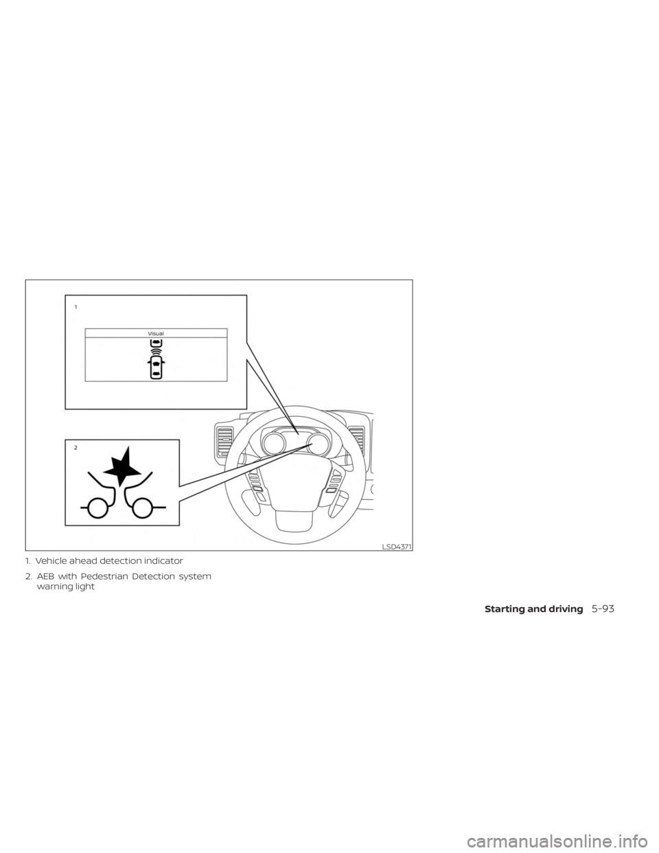 NISSAN FRONTIER 2022 Owner´s Manual 1. Vehicle ahead detection indicator
2. AEB with Pedestrian Detection systemwarning light
LSD4371
Starting and driving5-93 NISSAN FRONTIER 2022 Owner´s Manual 1. Vehicle ahead detection indicator
2. AEB with Pedestrian Detection systemwarning light
LSD4371
Starting and driving5-93