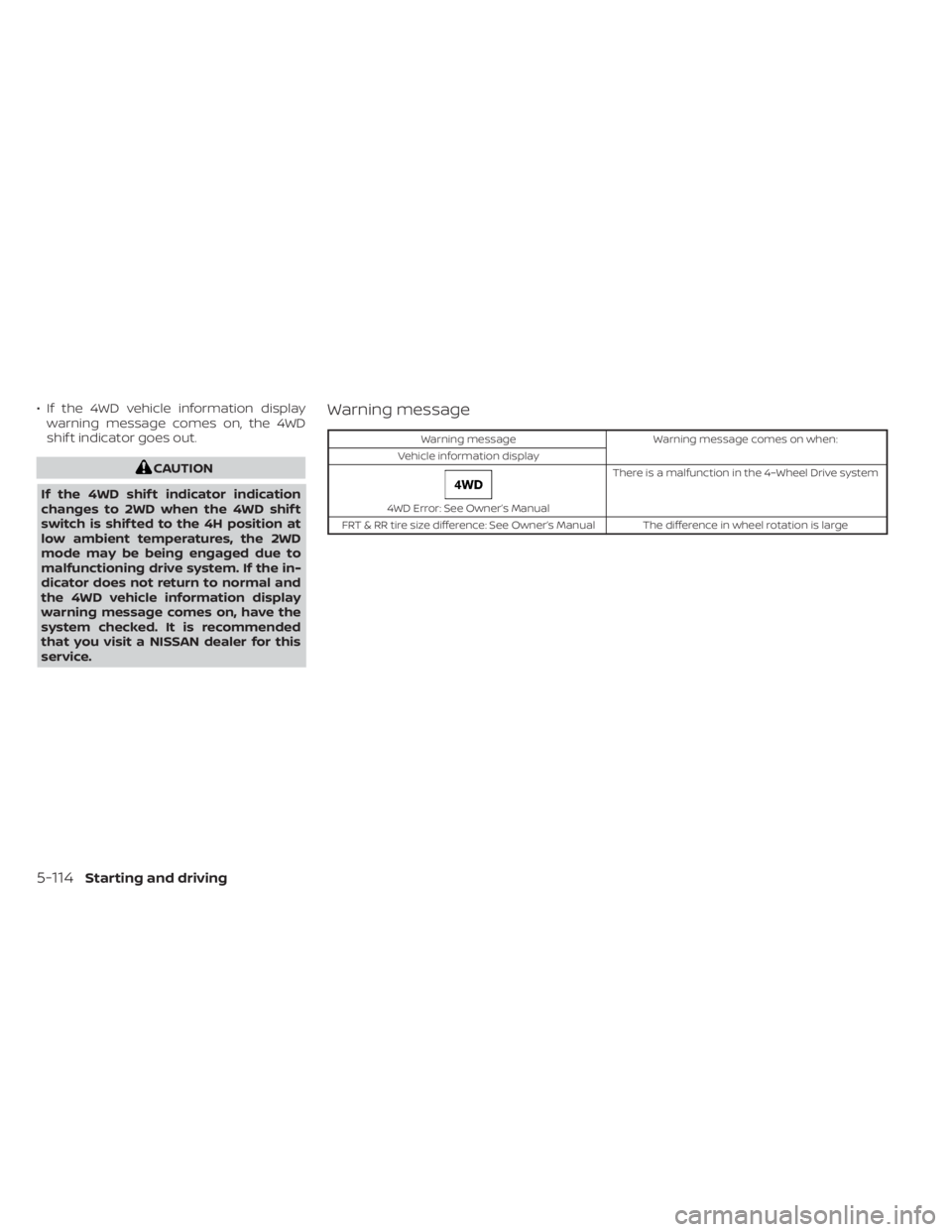 NISSAN FRONTIER 2022  Owner´s Manual • If the 4WD vehicle information displaywarning message comes on, the 4WD
shif t indicator goes out.
CAUTION
If the 4WD shif t indicator indication
changes to 2WD when the 4WD shif t
switch is shif 
