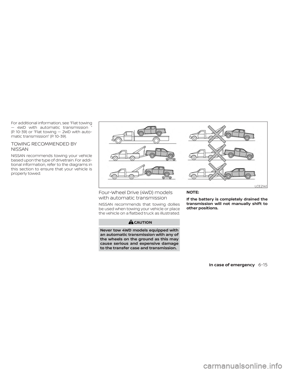 NISSAN FRONTIER 2022  Owner´s Manual For additional information, see “Flat towing
— 4WD with automatic transmission ”
(P. 10-39) or “Flat towing — 2WD with auto-
matic transmission” (P. 10-39).
TOWING RECOMMENDED BY
NISSAN
NI