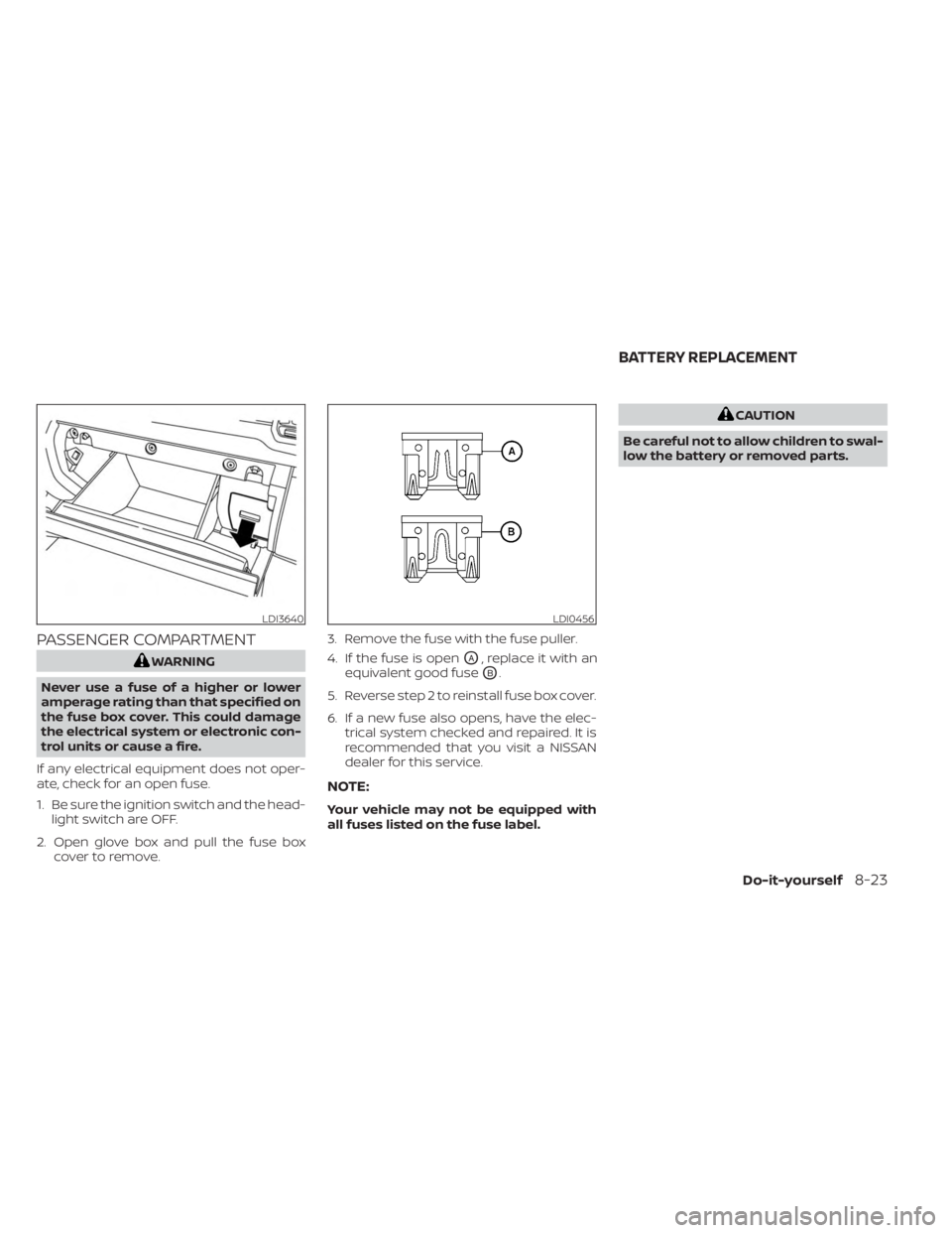 NISSAN FRONTIER 2022 Owner´s Manual PASSENGER COMPARTMENT
WARNING
Never use a fuse of a higher or lower
amperage rating than that specified on
the fuse box cover. This could damage
the electrical system or electronic con-
trol units or NISSAN FRONTIER 2022 Owner´s Manual PASSENGER COMPARTMENT
WARNING
Never use a fuse of a higher or lower
amperage rating than that specified on
the fuse box cover. This could damage
the electrical system or electronic con-
trol units or