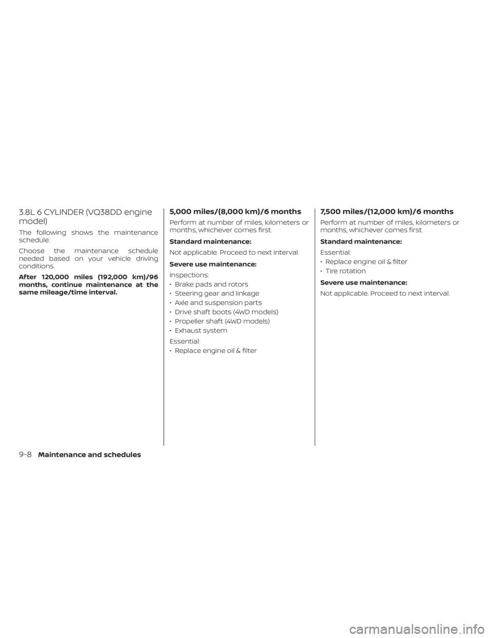 NISSAN FRONTIER 2022 Owner´s Manual 3.8L 6 CYLINDER (VQ38DD engine
model)
The following shows the maintenance
schedule.
Choose the maintenance schedule
needed based on your vehicle driving
conditions.
Af ter 120,000 miles (192,000 km)/9 NISSAN FRONTIER 2022 Owner´s Manual 3.8L 6 CYLINDER (VQ38DD engine
model)
The following shows the maintenance
schedule.
Choose the maintenance schedule
needed based on your vehicle driving
conditions.
Af ter 120,000 miles (192,000 km)/9