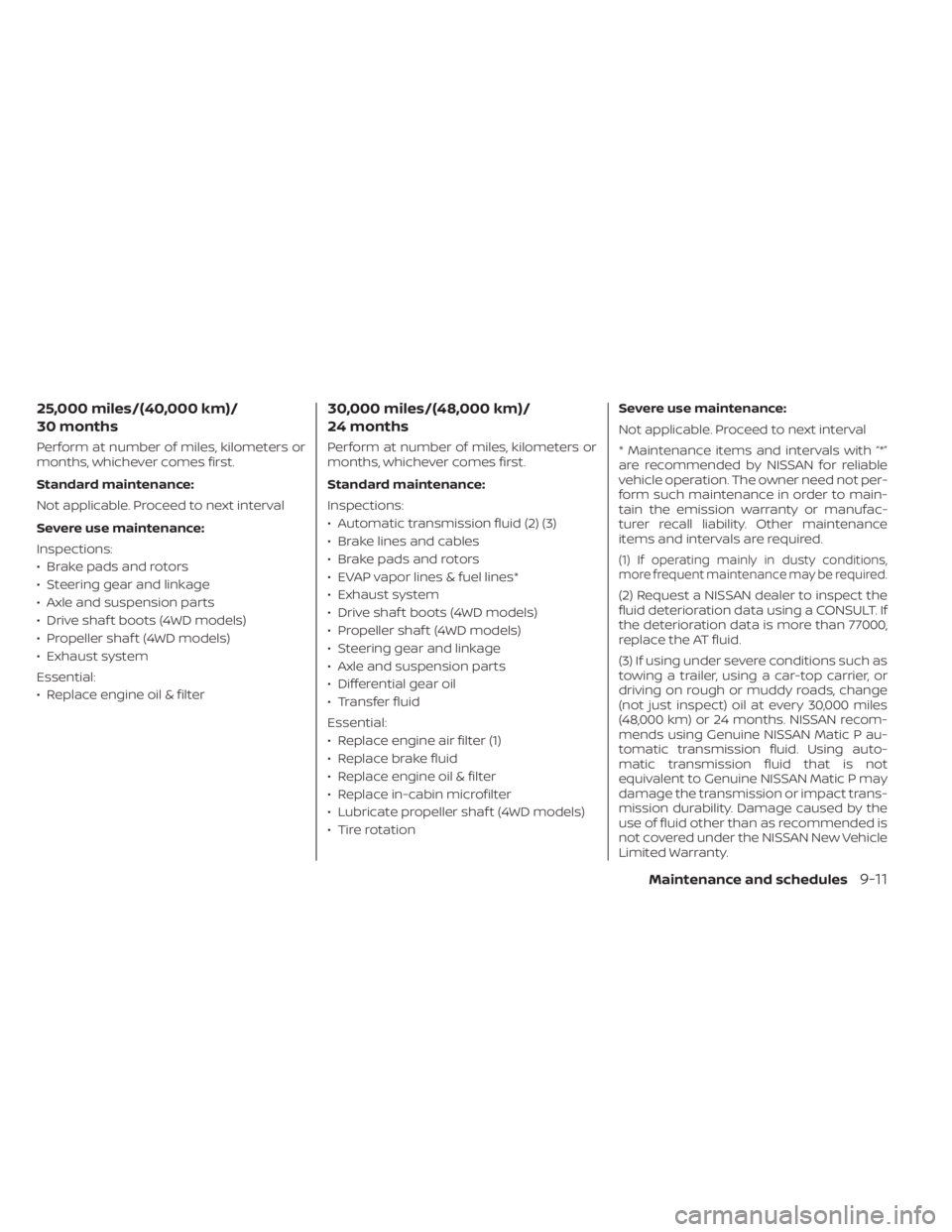 NISSAN FRONTIER 2022 Owner´s Manual 25,000 miles/(40,000 km)/
30 months
Perform at number of miles, kilometers or
months, whichever comes first.
Standard maintenance:
Not applicable. Proceed to next interval
Severe use maintenance:
Insp NISSAN FRONTIER 2022 Owner´s Manual 25,000 miles/(40,000 km)/
30 months
Perform at number of miles, kilometers or
months, whichever comes first.
Standard maintenance:
Not applicable. Proceed to next interval
Severe use maintenance:
Insp