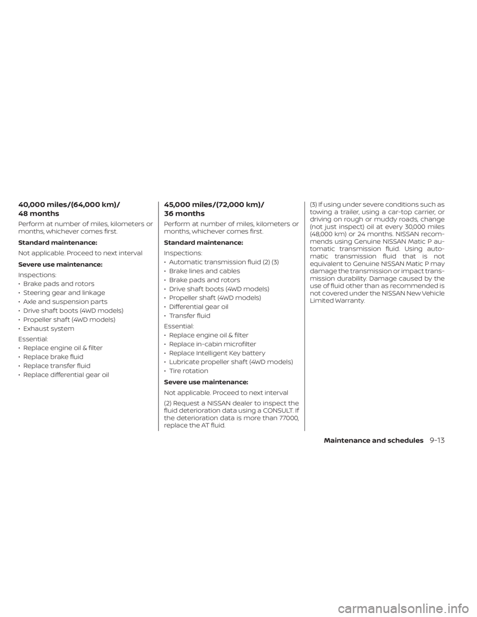 NISSAN FRONTIER 2022  Owner´s Manual 40,000 miles/(64,000 km)/
48 months
Perform at number of miles, kilometers or
months, whichever comes first.
Standard maintenance:
Not applicable. Proceed to next interval
Severe use maintenance:
Insp