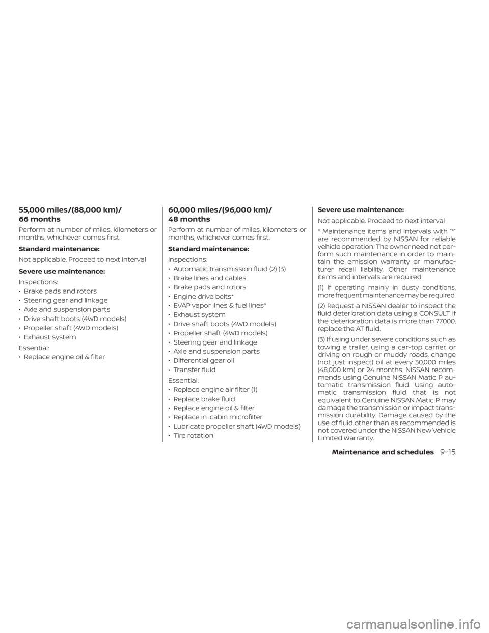 NISSAN FRONTIER 2022  Owner´s Manual 55,000 miles/(88,000 km)/
66 months
Perform at number of miles, kilometers or
months, whichever comes first.
Standard maintenance:
Not applicable. Proceed to next interval
Severe use maintenance:
Insp