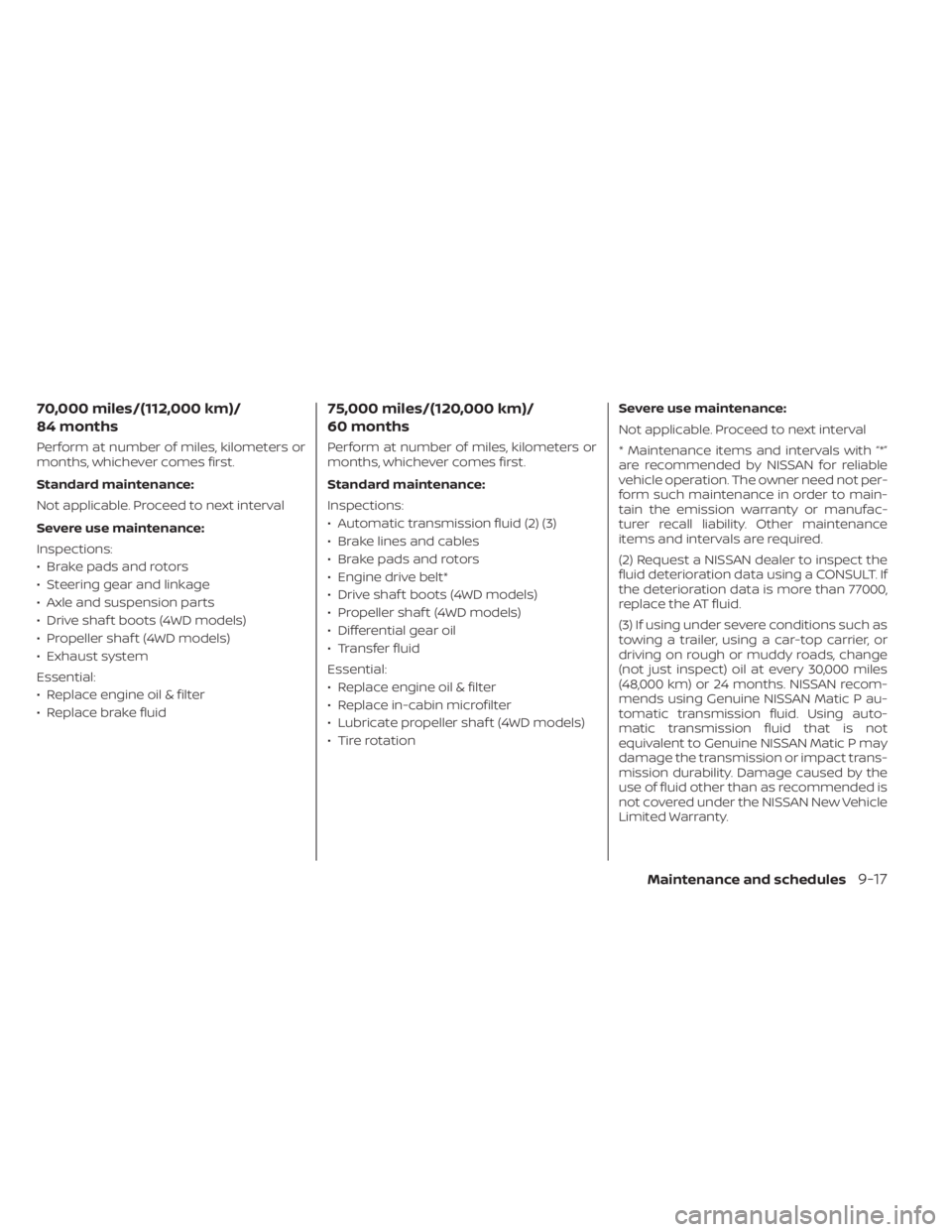 NISSAN FRONTIER 2022  Owner´s Manual 70,000 miles/(112,000 km)/
84 months
Perform at number of miles, kilometers or
months, whichever comes first.
Standard maintenance:
Not applicable. Proceed to next interval
Severe use maintenance:
Ins