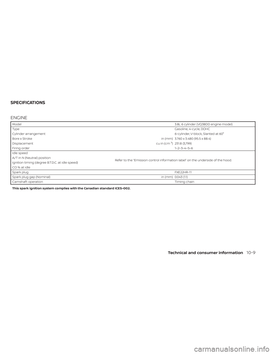 NISSAN FRONTIER 2022  Owner´s Manual ENGINE
Model3.8L 6 cylinder (VQ38DD engine model)
Type Gasoline, 4-cycle, DOHC
Cylinder arrangement 6-cylinder, V-block, Slanted at 60°
Bore x Stroke in (mm) 3.760 x 3.480 (95.5 x 88.4)
Displacement 