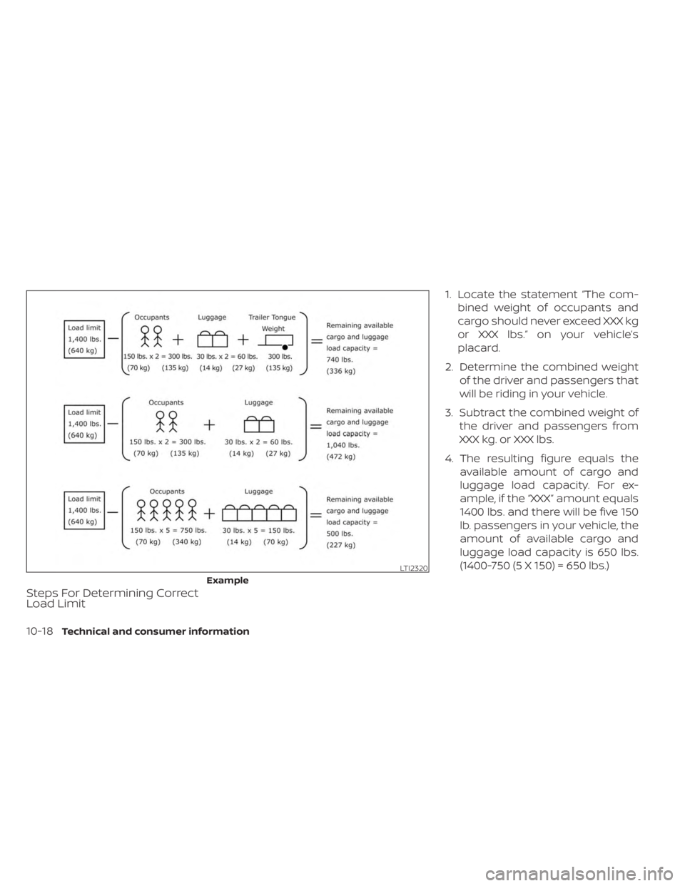 NISSAN FRONTIER 2022  Owner´s Manual Steps For Determining Correct
Load Limit
1. Locate the statement “The com-bined weight of occupants and
cargo should never exceed XXX kg
or XXX lbs.” on your vehicle’s
placard.
2. Determine the 