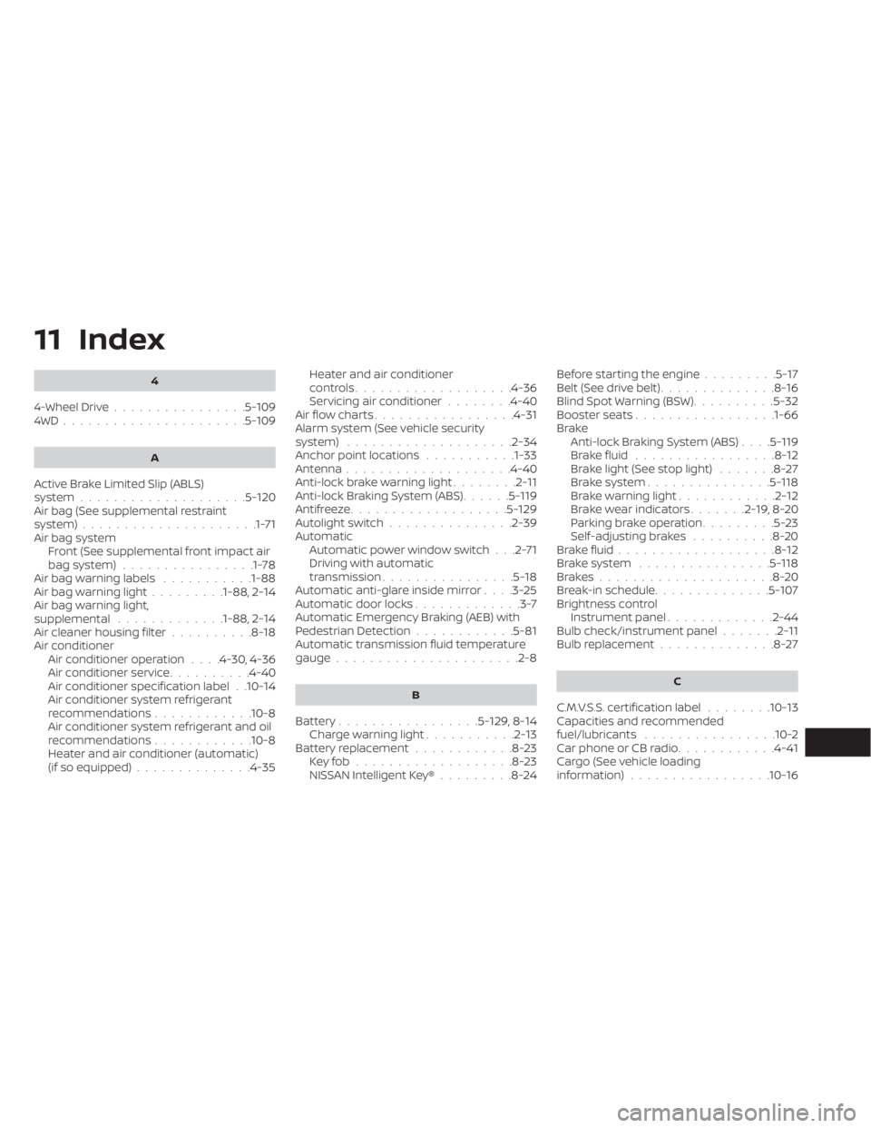 NISSAN FRONTIER 2022  Owner´s Manual 11 Index
4
4-Wheel Drive................5-1094WD......................5-109
A
Active Brake Limited Slip (ABLS)
system....................5-120Air bag (See supplemental restraint
system)...............
