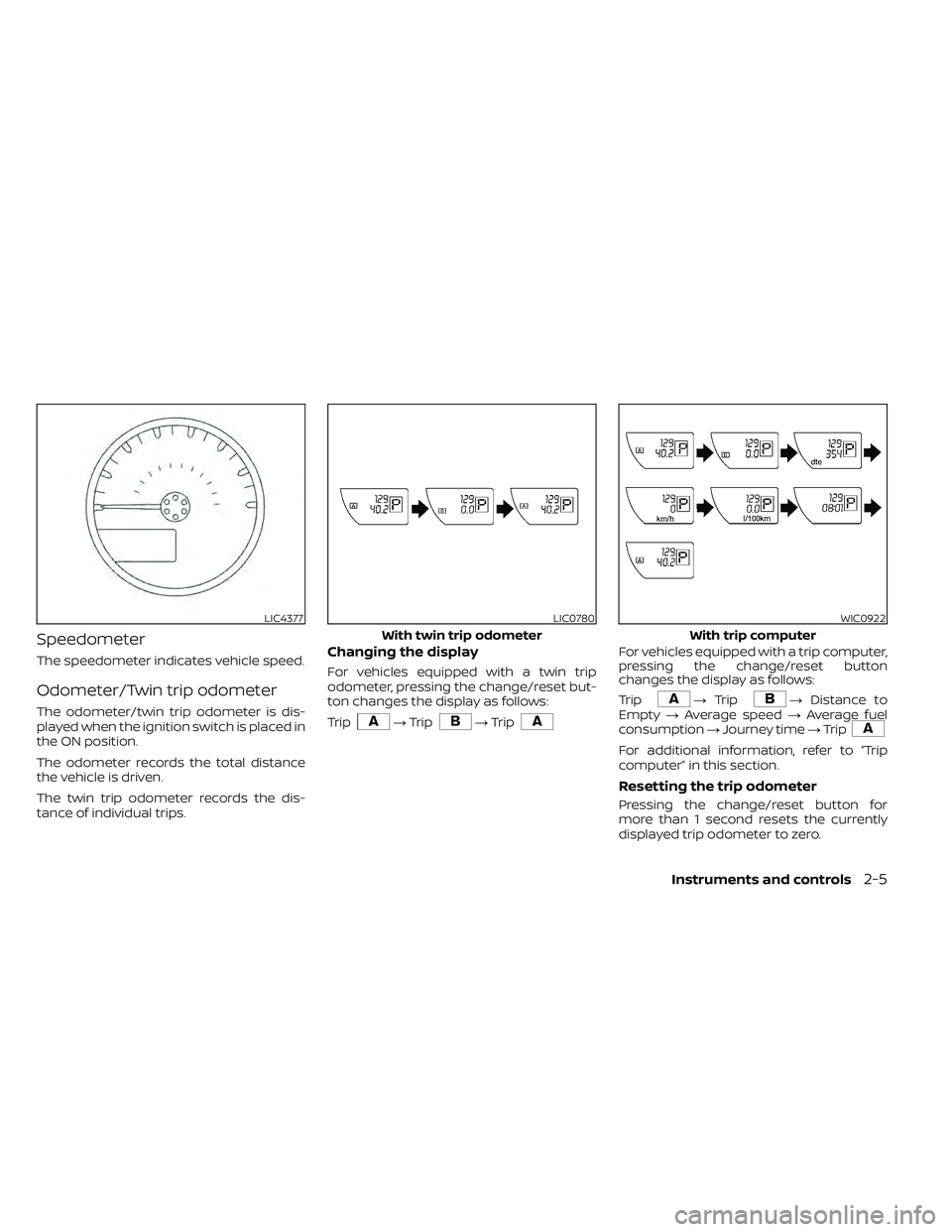 NISSAN FRONTIER 2020  Owner´s Manual Speedometer
The speedometer indicates vehicle speed.
Odometer/Twin trip odometer
The odometer/twin trip odometer is dis-
played when the ignition switch is placed in
the ON position.
The odometer reco