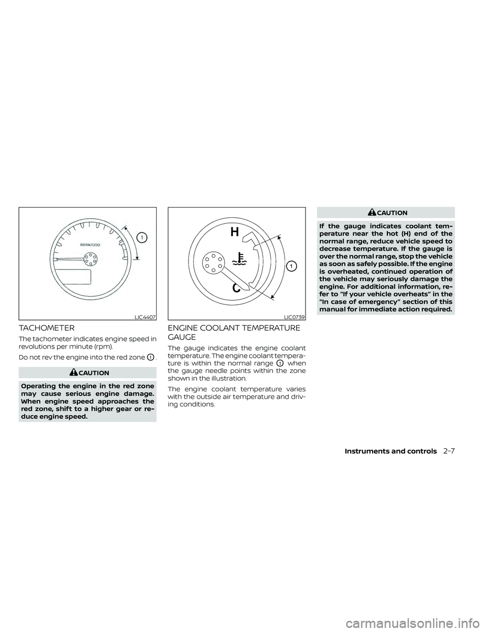 NISSAN FRONTIER 2020  Owner´s Manual TACHOMETER
The tachometer indicates engine speed in
revolutions per minute (rpm).
Do not rev the engine into the red zone
O1.
CAUTION
Operating the engine in the red zone
may cause serious engine dama