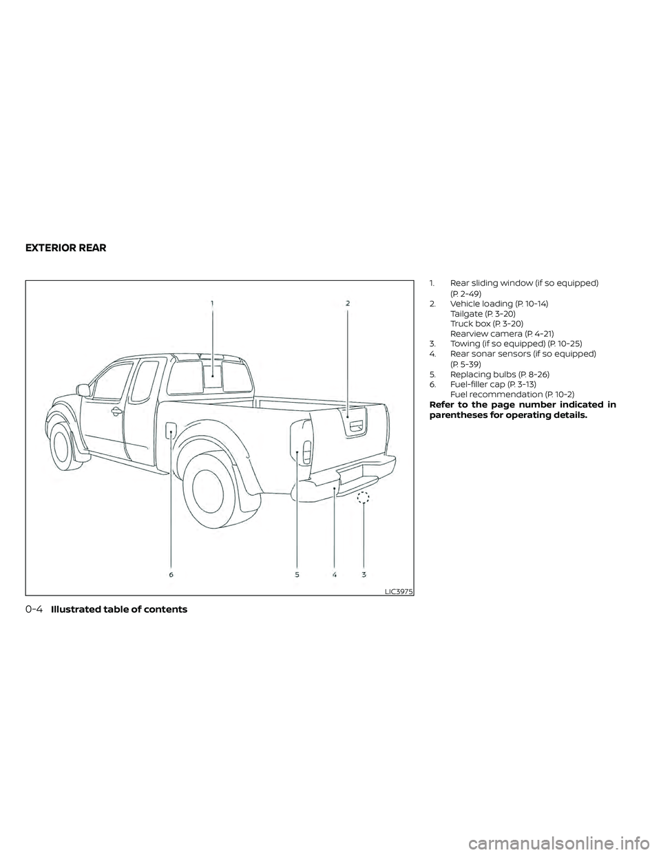 NISSAN FRONTIER 2020  Owner´s Manual 1. Rear sliding window (if so equipped)(P. 2-49)
2. Vehicle loading (P. 10-14) Tailgate (P. 3-20)
Truck box (P. 3-20)
Rearview camera (P. 4-21)
3. Towing (if so equipped) (P. 10-25)
4. Rear sonar sens