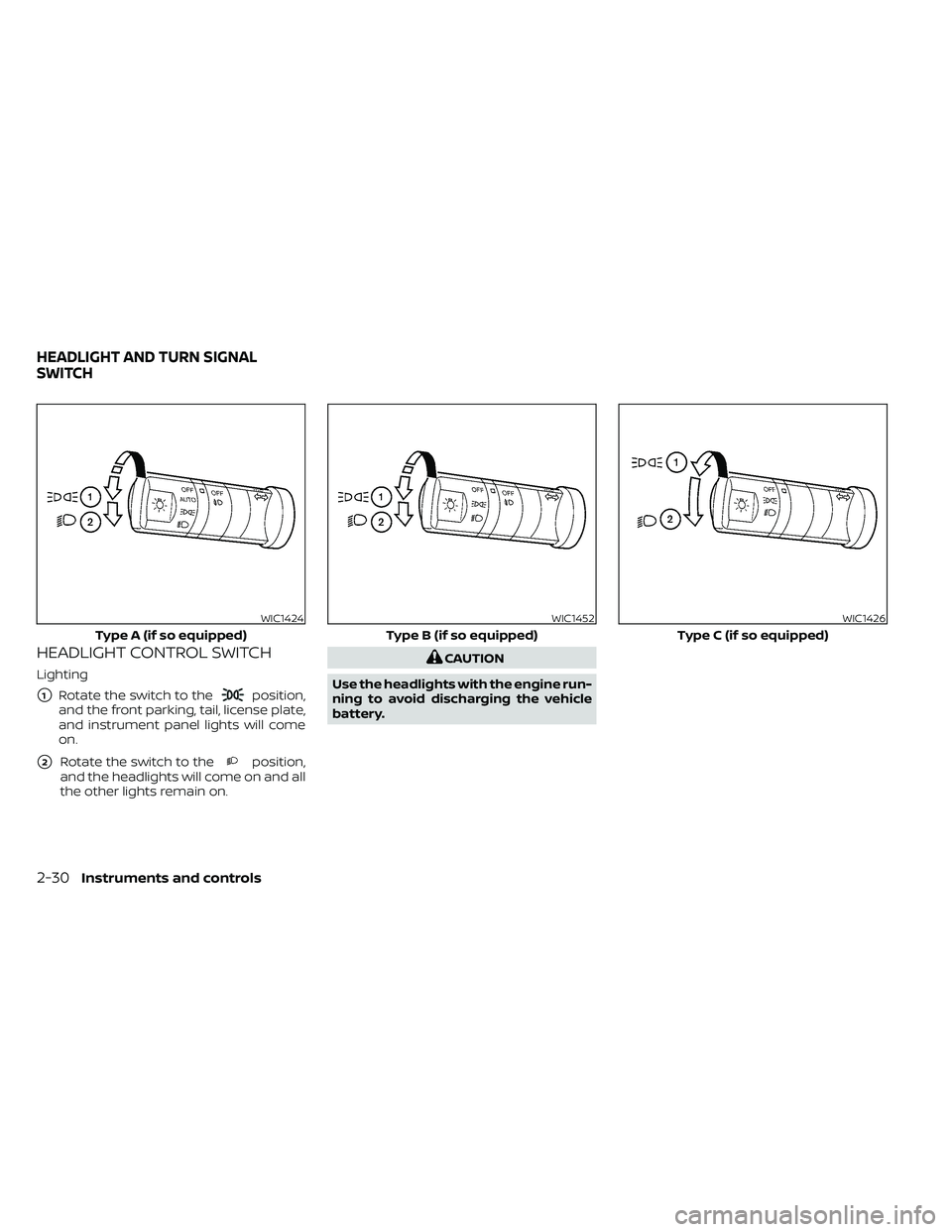 NISSAN FRONTIER 2020  Owner´s Manual HEADLIGHT CONTROL SWITCH
Lighting
1Rotate the switch to theposition,
and the front parking, tail, license plate,
and instrument panel lights will come
on.
2Rotate the switch to theposition,
and the 