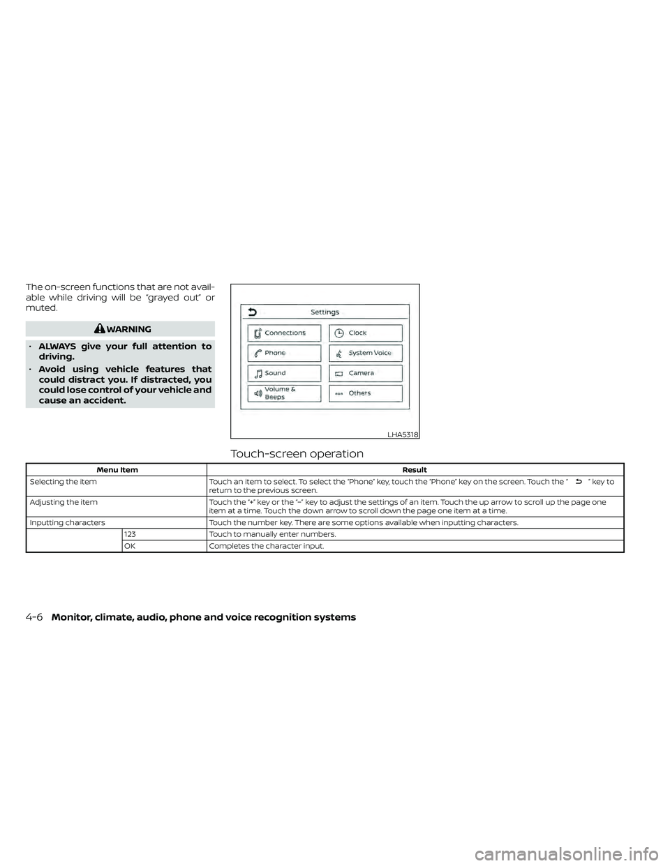 NISSAN FRONTIER 2020  Owner´s Manual The on-screen functions that are not avail-
able while driving will be “grayed out” or
muted.
WARNING
• ALWAYS give your full attention to
driving.
• Avoid using vehicle features that
could di