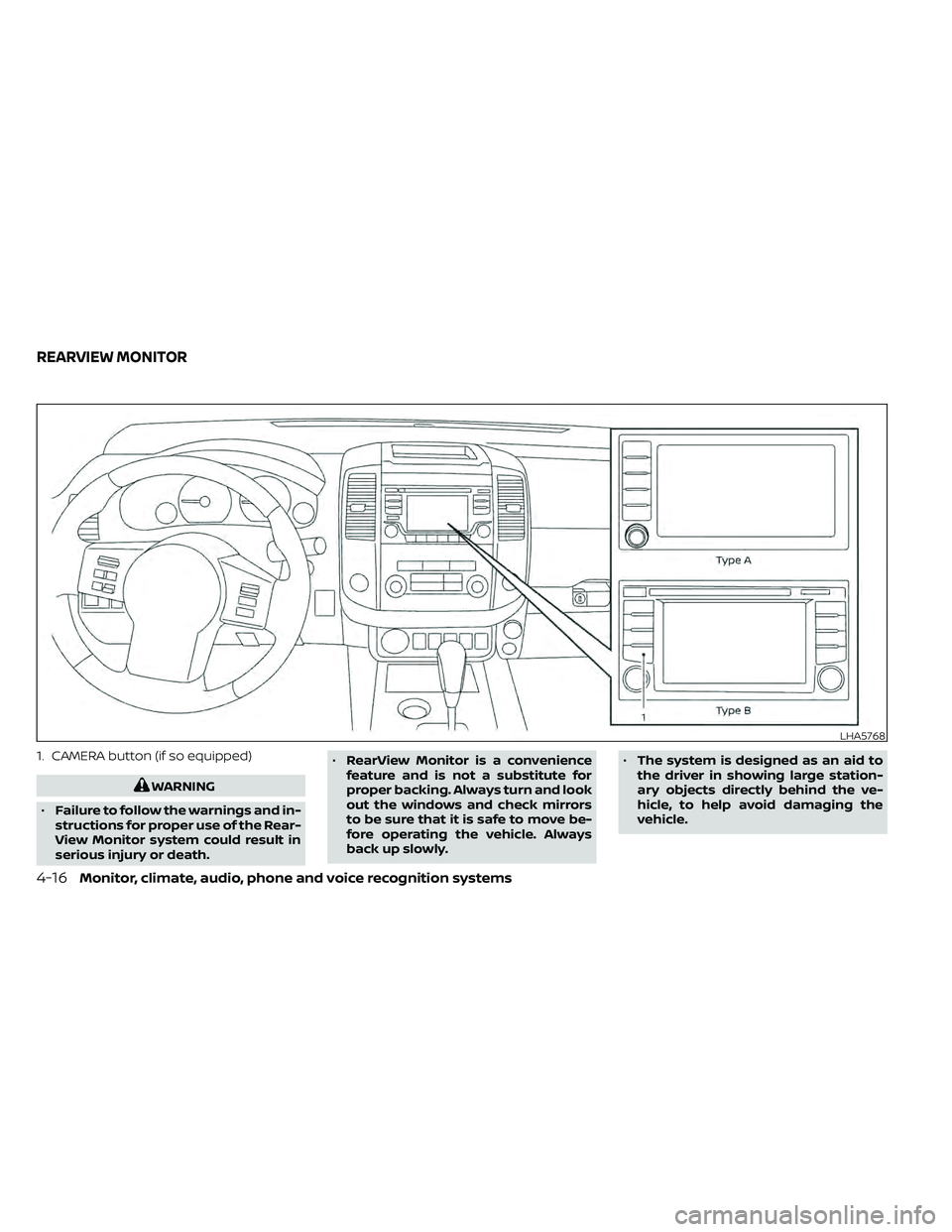 NISSAN FRONTIER 2020  Owner´s Manual 1. CAMERA button (if so equipped)
WARNING
• Failure to follow the warnings and in-
structions for proper use of the Rear-
View Monitor system could result in
serious injury or death. •
RearView Mo