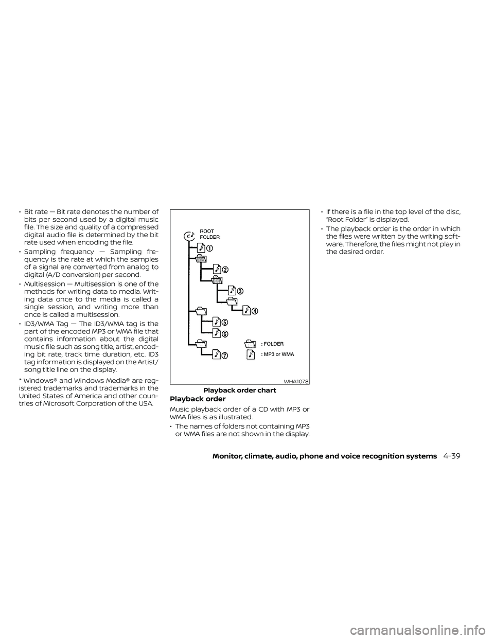 NISSAN FRONTIER 2020  Owner´s Manual • Bit rate — Bit rate denotes the number ofbits per second used by a digital music
file. The size and quality of a compressed
digital audio file is determined by the bit
rate used when encoding th