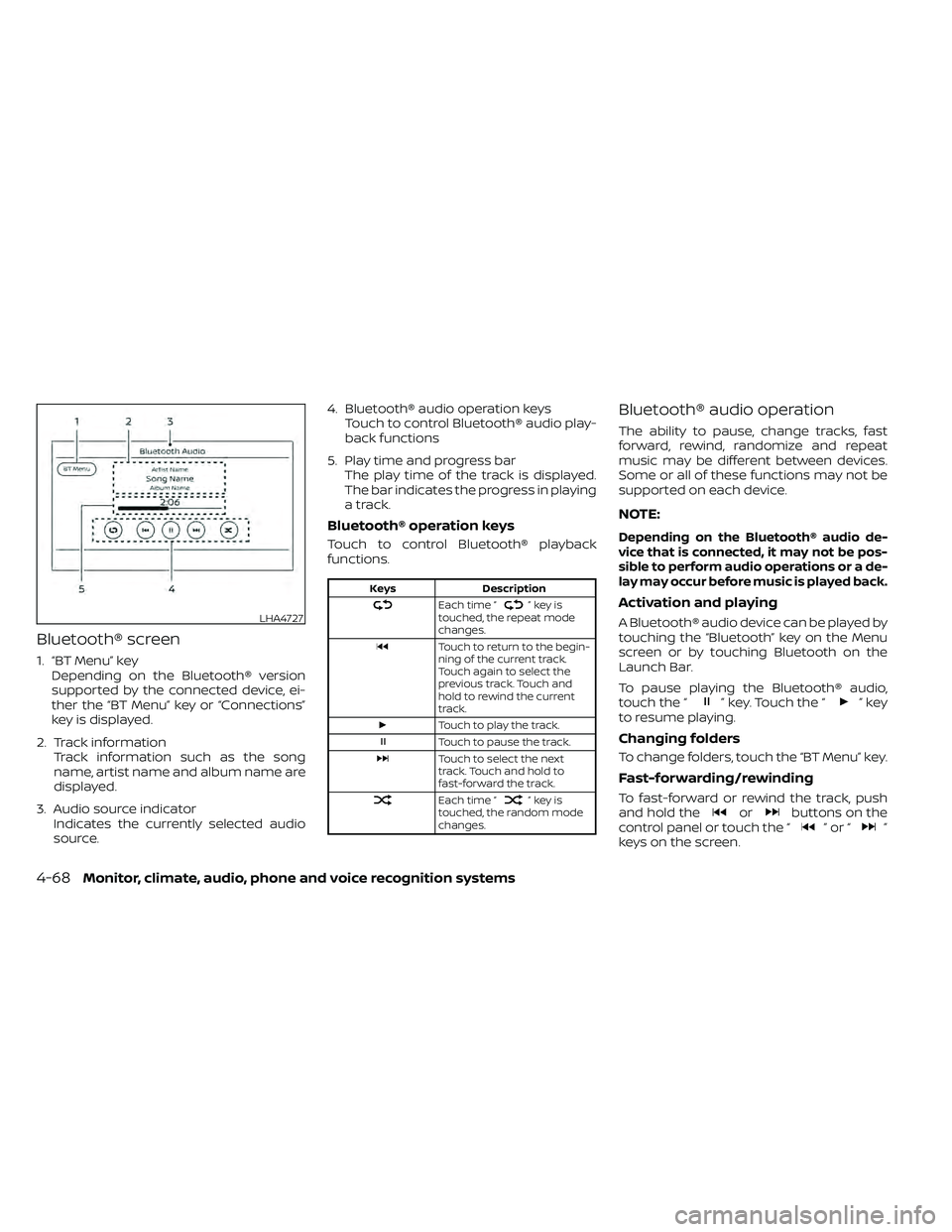 NISSAN FRONTIER 2020  Owner´s Manual Bluetooth® screen
1. “BT Menu” keyDepending on the Bluetooth® version
supported by the connected device, ei-
ther the “BT Menu” key or “Connections”
key is displayed.
2. Track informatio
