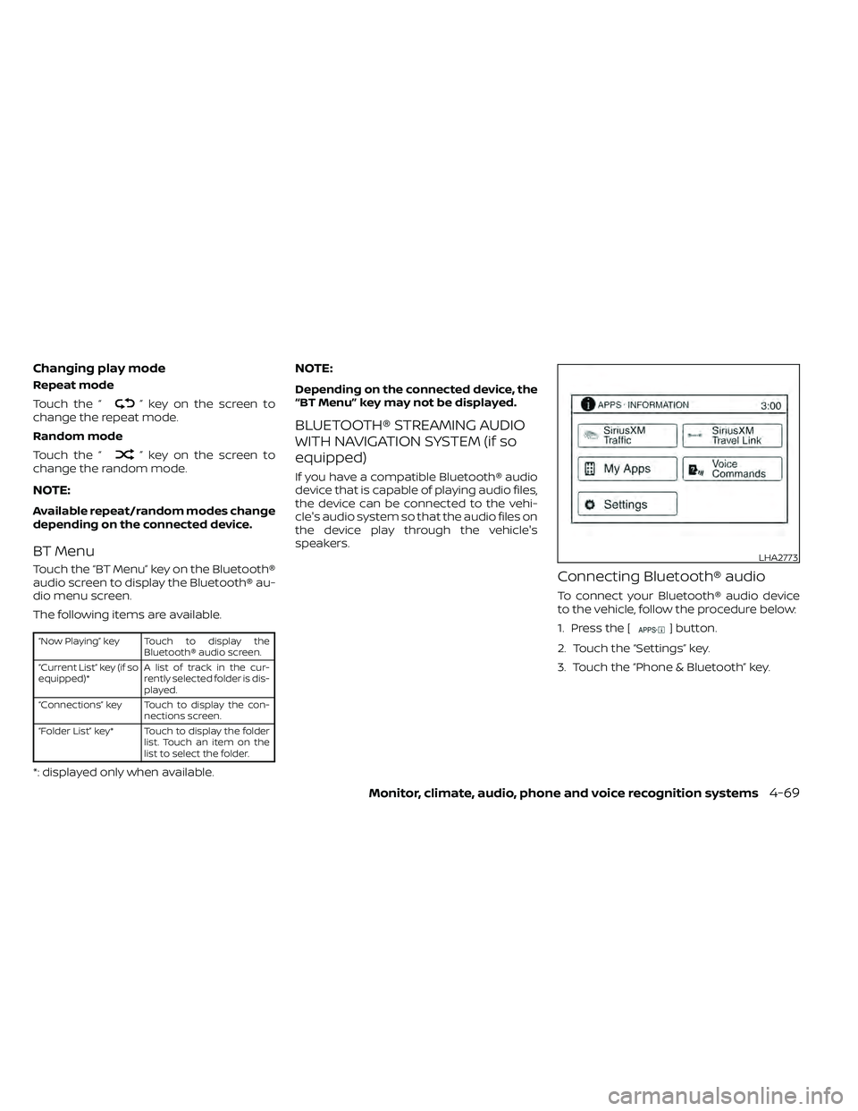NISSAN FRONTIER 2020  Owner´s Manual Changing play mode
Repeat mode
Touch the “
” key on the screen to
change the repeat mode.
Random mode
Touch the “
” key on the screen to
change the random mode.
NOTE:
Available repeat/random m