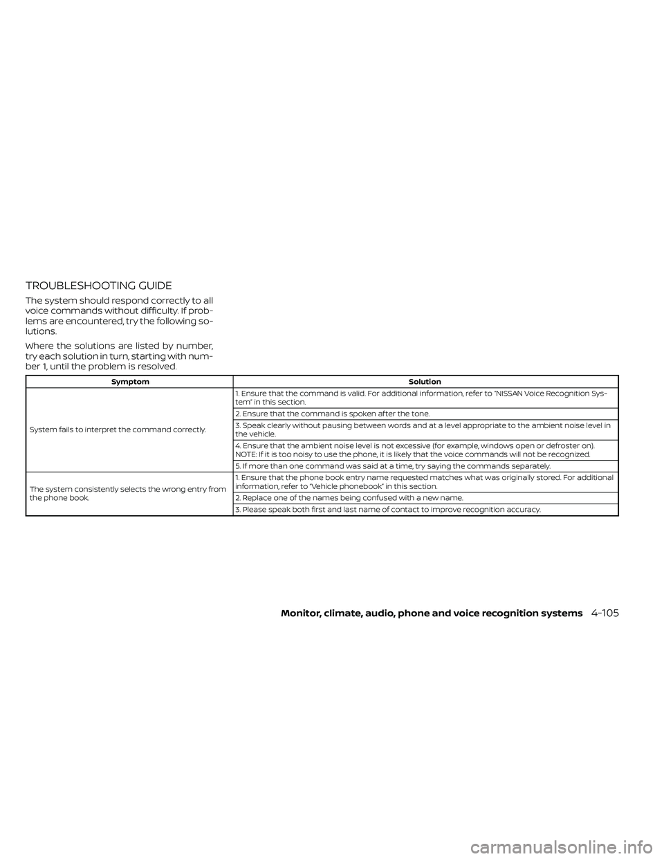 NISSAN FRONTIER 2020 Owner´s Manual TROUBLESHOOTING GUIDE
The system should respond correctly to all
voice commands without difficulty. If prob-
lems are encountered, try the following so-
lutions.
Where the solutions are listed by numb NISSAN FRONTIER 2020 Owner´s Manual TROUBLESHOOTING GUIDE
The system should respond correctly to all
voice commands without difficulty. If prob-
lems are encountered, try the following so-
lutions.
Where the solutions are listed by numb