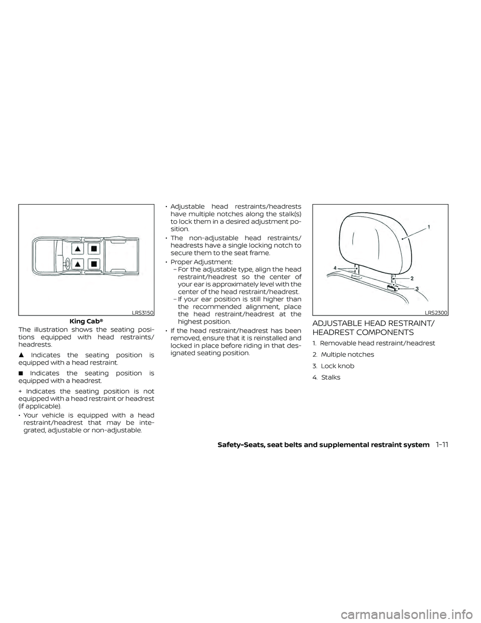 NISSAN FRONTIER 2020  Owner´s Manual The illustration shows the seating posi-
tions equipped with head restraints/
headrests.
Indicates the seating position is
equipped with a head restraint.
 Indicates the seating position is
equipped