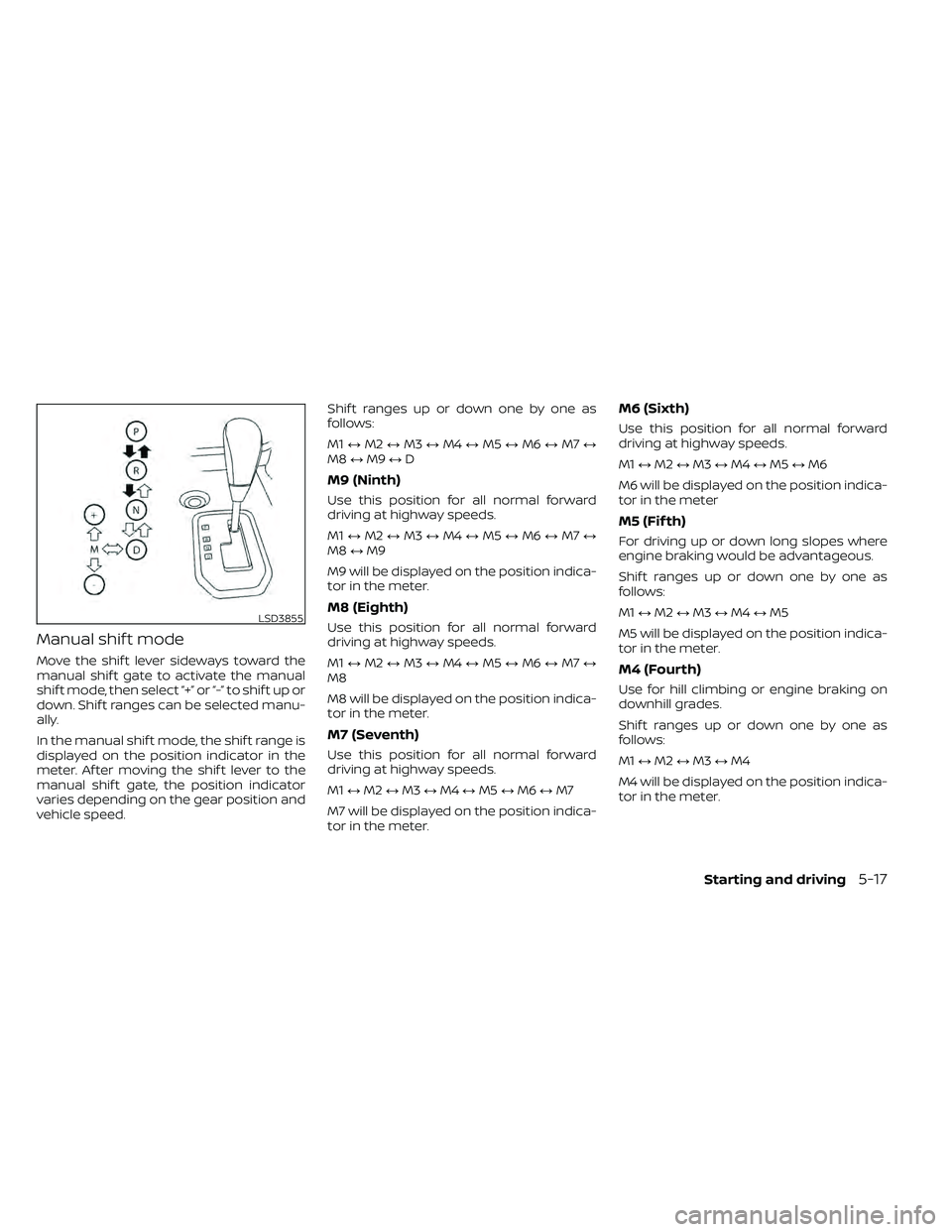 NISSAN FRONTIER 2020 Owner´s Manual Manual shif t mode
Move the shif t lever sideways toward the
manual shif t gate to activate the manual
shif t mode, then select “+” or “-” to shif t up or
down. Shif t ranges can be selected m NISSAN FRONTIER 2020 Owner´s Manual Manual shif t mode
Move the shif t lever sideways toward the
manual shif t gate to activate the manual
shif t mode, then select “+” or “-” to shif t up or
down. Shif t ranges can be selected m