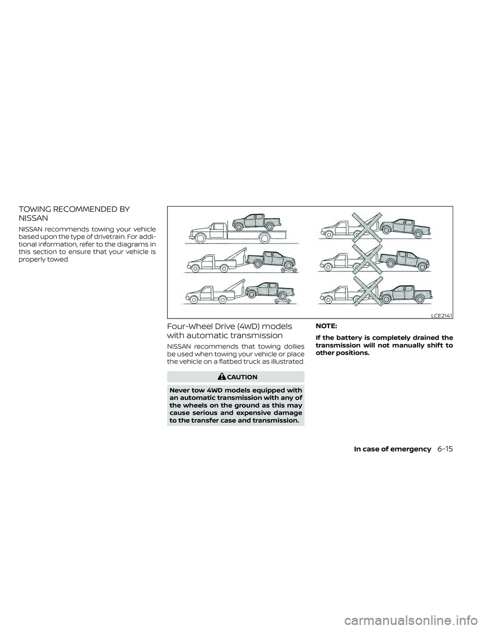 NISSAN FRONTIER 2020 Owner´s Manual TOWING RECOMMENDED BY
NISSAN
NISSAN recommends towing your vehicle
based upon the type of drivetrain. For addi-
tional information, refer to the diagrams in
this section to ensure that your vehicle is NISSAN FRONTIER 2020 Owner´s Manual TOWING RECOMMENDED BY
NISSAN
NISSAN recommends towing your vehicle
based upon the type of drivetrain. For addi-
tional information, refer to the diagrams in
this section to ensure that your vehicle is