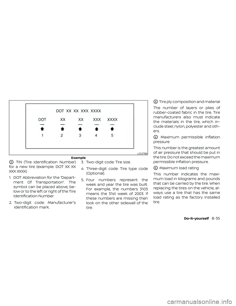 NISSAN FRONTIER 2020 Owner´s Manual O2TIN (Tire Identification Number)
for a new tire (example: DOT XX XX
XXX XXXX)
1. DOT: Abbreviation for the “Depart- ment Of Transportation”. The
symbol can be placed above, be-
low or to the lef NISSAN FRONTIER 2020 Owner´s Manual O2TIN (Tire Identification Number)
for a new tire (example: DOT XX XX
XXX XXXX)
1. DOT: Abbreviation for the “Depart- ment Of Transportation”. The
symbol can be placed above, be-
low or to the lef