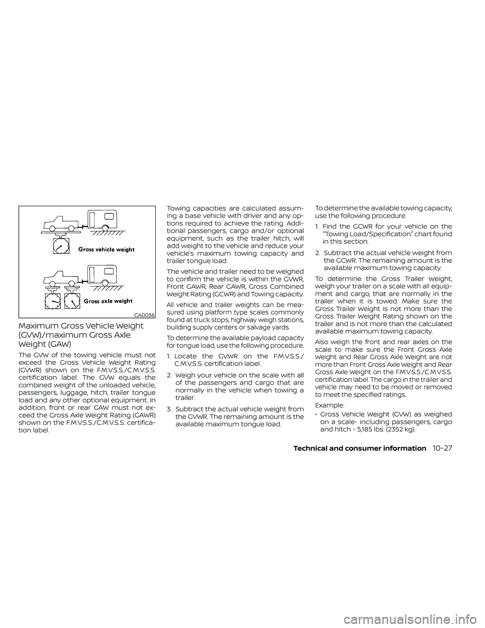 NISSAN FRONTIER 2020 Owner´s Manual Maximum Gross Vehicle Weight
(GVW)/maximum Gross Axle
Weight (GAW)
The GVW of the towing vehicle must not
exceed the Gross Vehicle Weight Rating
(GVWR) shown on the F.M.V.S.S./C.M.V.S.S.
certification NISSAN FRONTIER 2020 Owner´s Manual Maximum Gross Vehicle Weight
(GVW)/maximum Gross Axle
Weight (GAW)
The GVW of the towing vehicle must not
exceed the Gross Vehicle Weight Rating
(GVWR) shown on the F.M.V.S.S./C.M.V.S.S.
certification