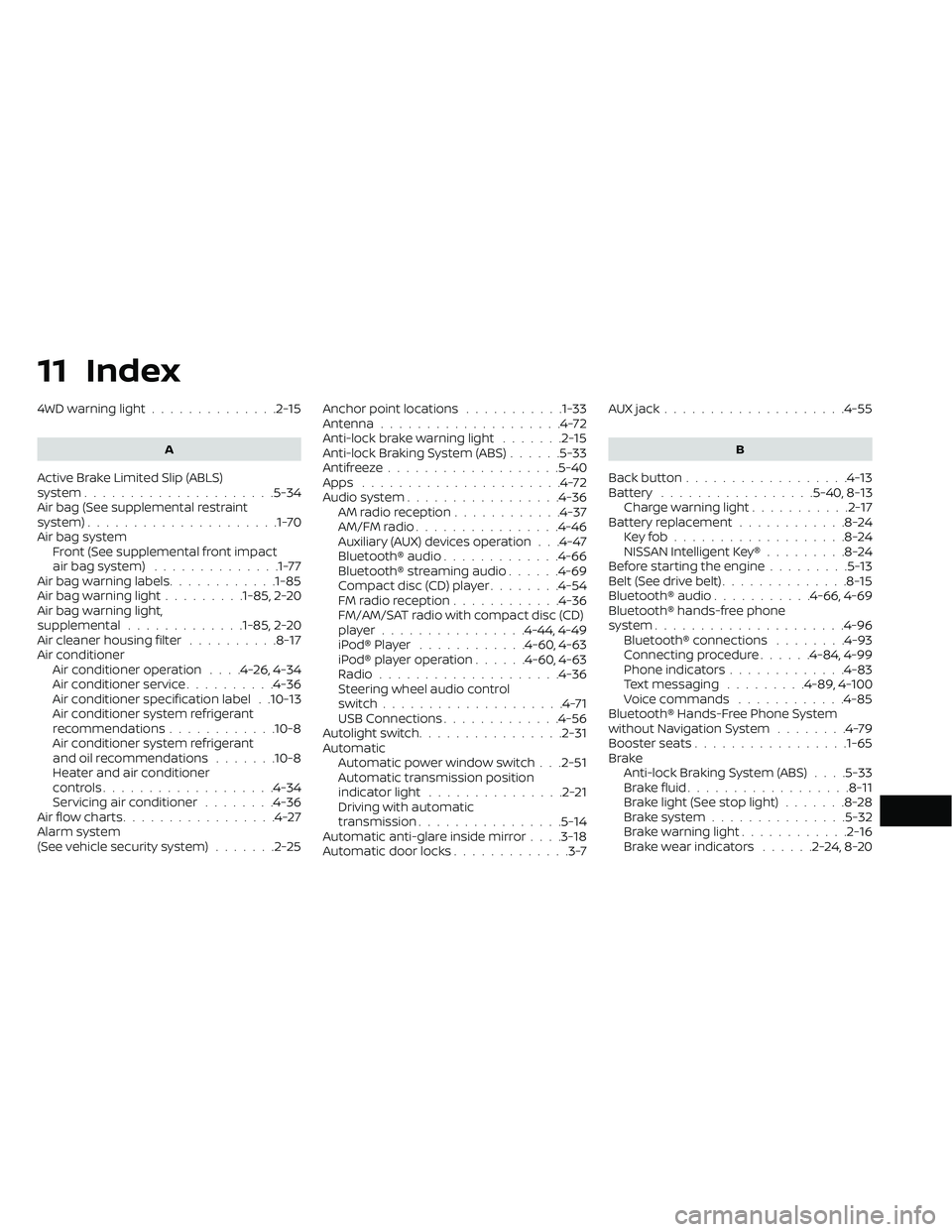 NISSAN FRONTIER 2020 Owner´s Manual 11 Index
4WD warning light..............2-15
A
Active Brake Limited Slip (ABLS)
system.....................5-34Air bag (See supplemental restraint
system).....................1-70Air bag system
Front NISSAN FRONTIER 2020 Owner´s Manual 11 Index
4WD warning light..............2-15
A
Active Brake Limited Slip (ABLS)
system.....................5-34Air bag (See supplemental restraint
system).....................1-70Air bag system
Front