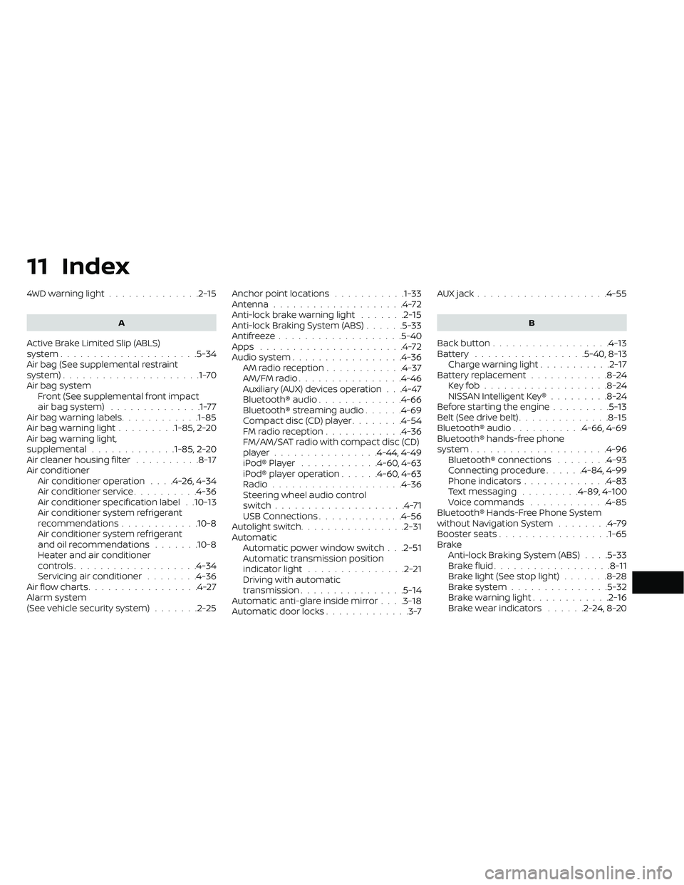 NISSAN FRONTIER 2020  Owner´s Manual 11 Index
4WD warning light..............2-15
A
Active Brake Limited Slip (ABLS)
system.....................5-34Air bag (See supplemental restraint
system).....................1-70Air bag system
Front 