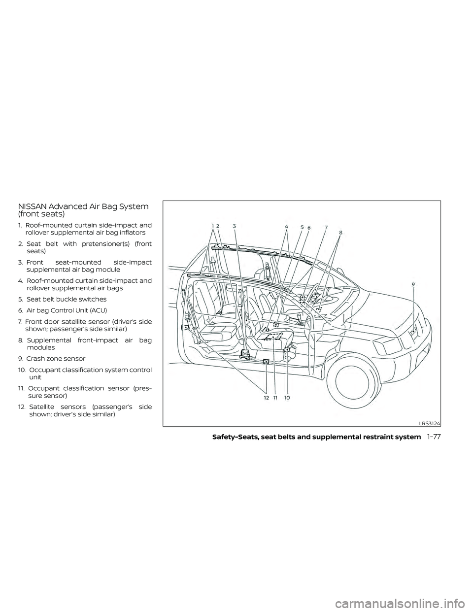 NISSAN FRONTIER 2020  Owner´s Manual NISSAN Advanced Air Bag System
(front seats)
1. Roof-mounted curtain side-impact androllover supplemental air bag inflators
2. Seat belt with pretensioner(s) (front seats)
3. Front seat-mounted side-i