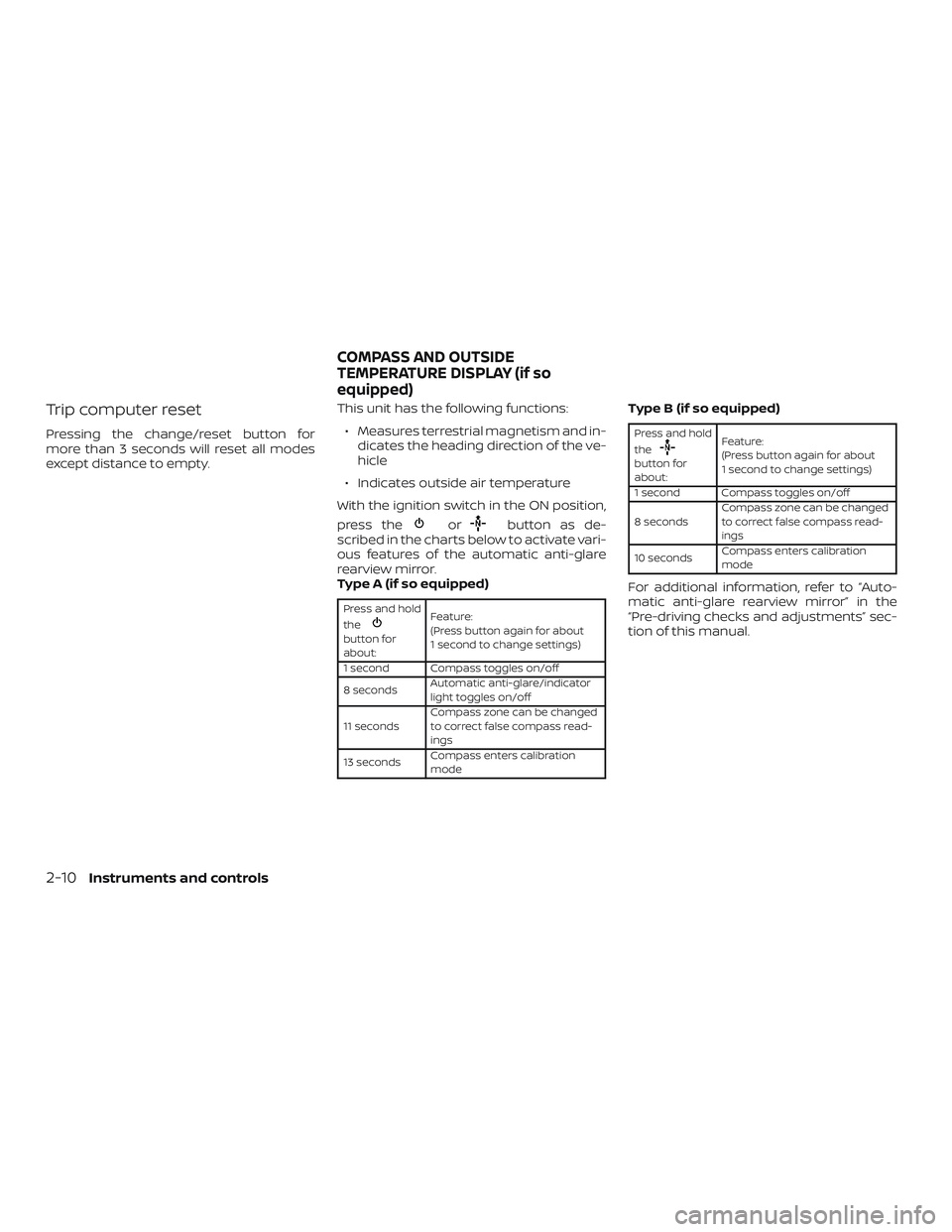 NISSAN FRONTIER 2019  Owner´s Manual Trip computer reset
Pressing the change/reset button for
more than 3 seconds will reset all modes
except distance to empty.This unit has the following functions:
∙ Measures terrestrial magnetism and