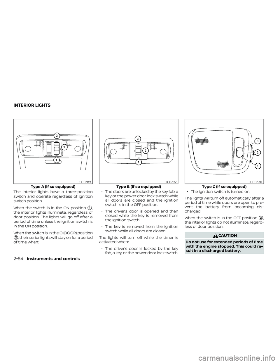 NISSAN FRONTIER 2019  Owner´s Manual The interior lights have a three-position
switch and operate regardless of ignition
switch position.
When the switch is in the ON position
1,
the interior lights illuminate, regardless of
door positi