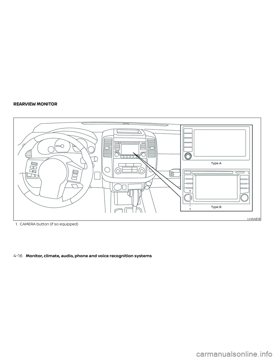 NISSAN FRONTIER 2019  Owner´s Manual 1. CAMERA button (if so equipped)
LHA4818
REARVIEW MONITOR
4-16Monitor, climate, audio, phone and voice recognition systems 