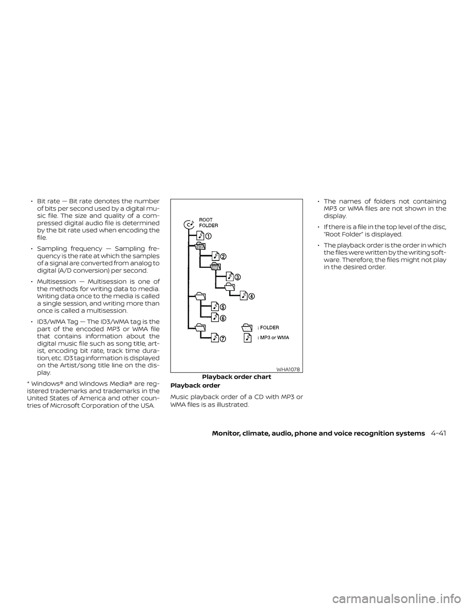 NISSAN FRONTIER 2019  Owner´s Manual ∙ Bit rate — Bit rate denotes the numberof bits per second used by a digital mu-
sic file. The size and quality of a com-
pressed digital audio file is determined
by the bit rate used when encodin