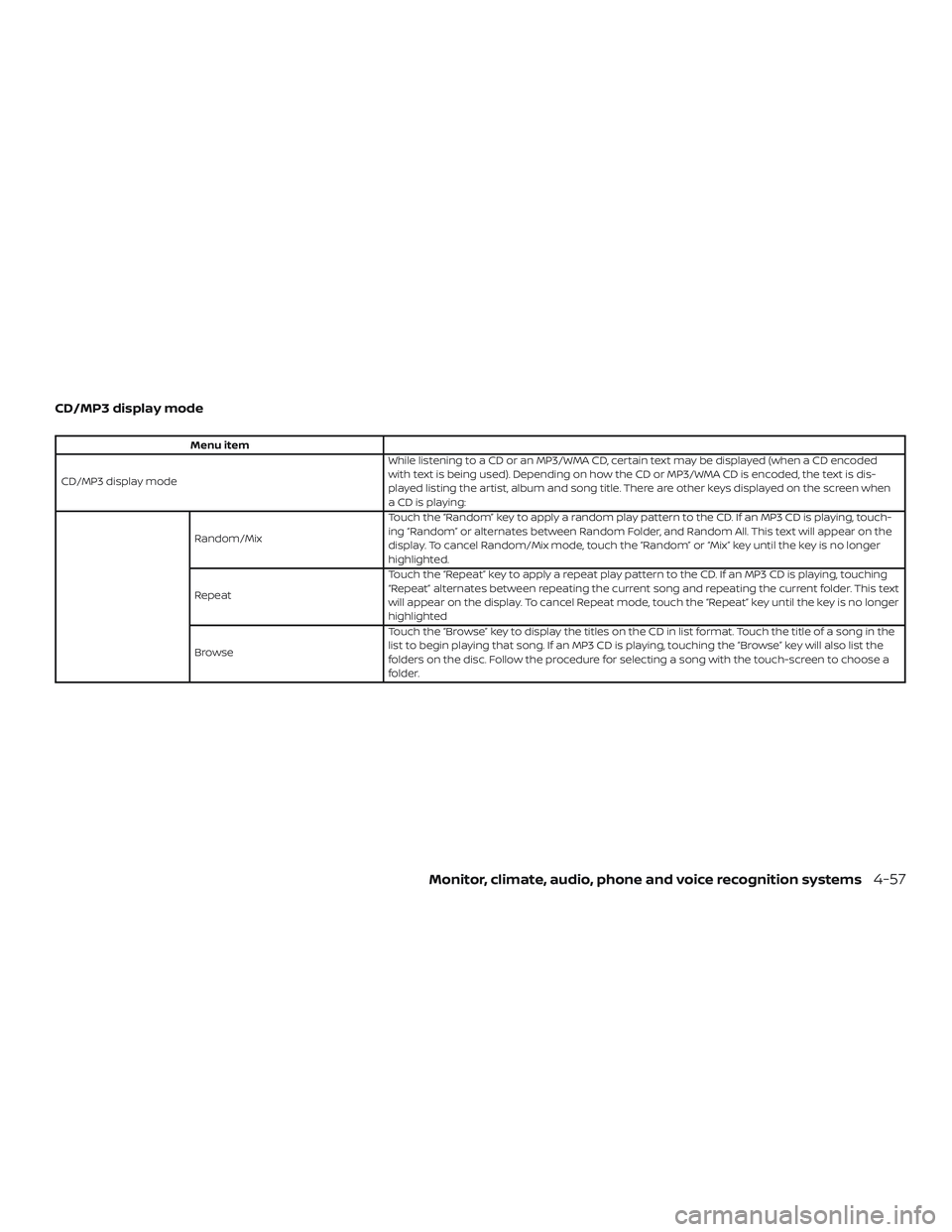 NISSAN FRONTIER 2019 Owner´s Manual CD/MP3 display mode
Menu item
CD/MP3 display mode While listening to a CD or an MP3/WMA CD, certain text may be displayed (when a CD encoded
with text is being used). Depending on how the CD or MP3/WM NISSAN FRONTIER 2019 Owner´s Manual CD/MP3 display mode
Menu item
CD/MP3 display mode While listening to a CD or an MP3/WMA CD, certain text may be displayed (when a CD encoded
with text is being used). Depending on how the CD or MP3/WM