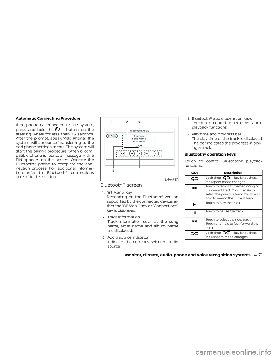 NISSAN FRONTIER 2019 Owner´s Manual Automatic Connecting Procedure
If no phone is connected to the system,
press and hold the
button on the
steering wheel for less than 1.5 seconds.
Af ter the prompt, speak “Add Phone”, the
system w NISSAN FRONTIER 2019 Owner´s Manual Automatic Connecting Procedure
If no phone is connected to the system,
press and hold the
button on the
steering wheel for less than 1.5 seconds.
Af ter the prompt, speak “Add Phone”, the
system w