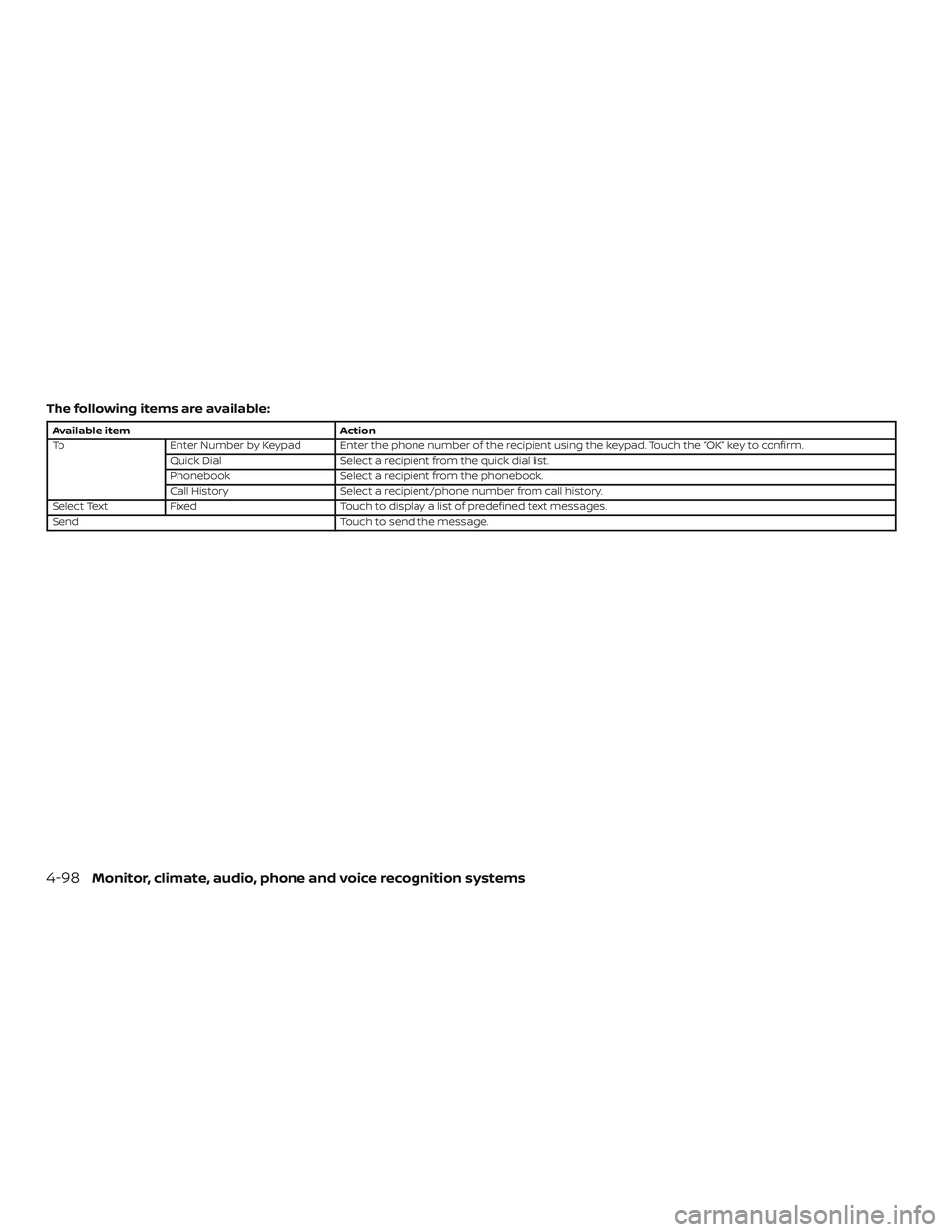 NISSAN FRONTIER 2019 Owner´s Manual The following items are available:
Available itemAction
To Enter Number by Keypad Enter the phone number of the recipient using the keypad. Touch the “OK” key to confirm.
Quick Dial Select a recip NISSAN FRONTIER 2019 Owner´s Manual The following items are available:
Available itemAction
To Enter Number by Keypad Enter the phone number of the recipient using the keypad. Touch the “OK” key to confirm.
Quick Dial Select a recip