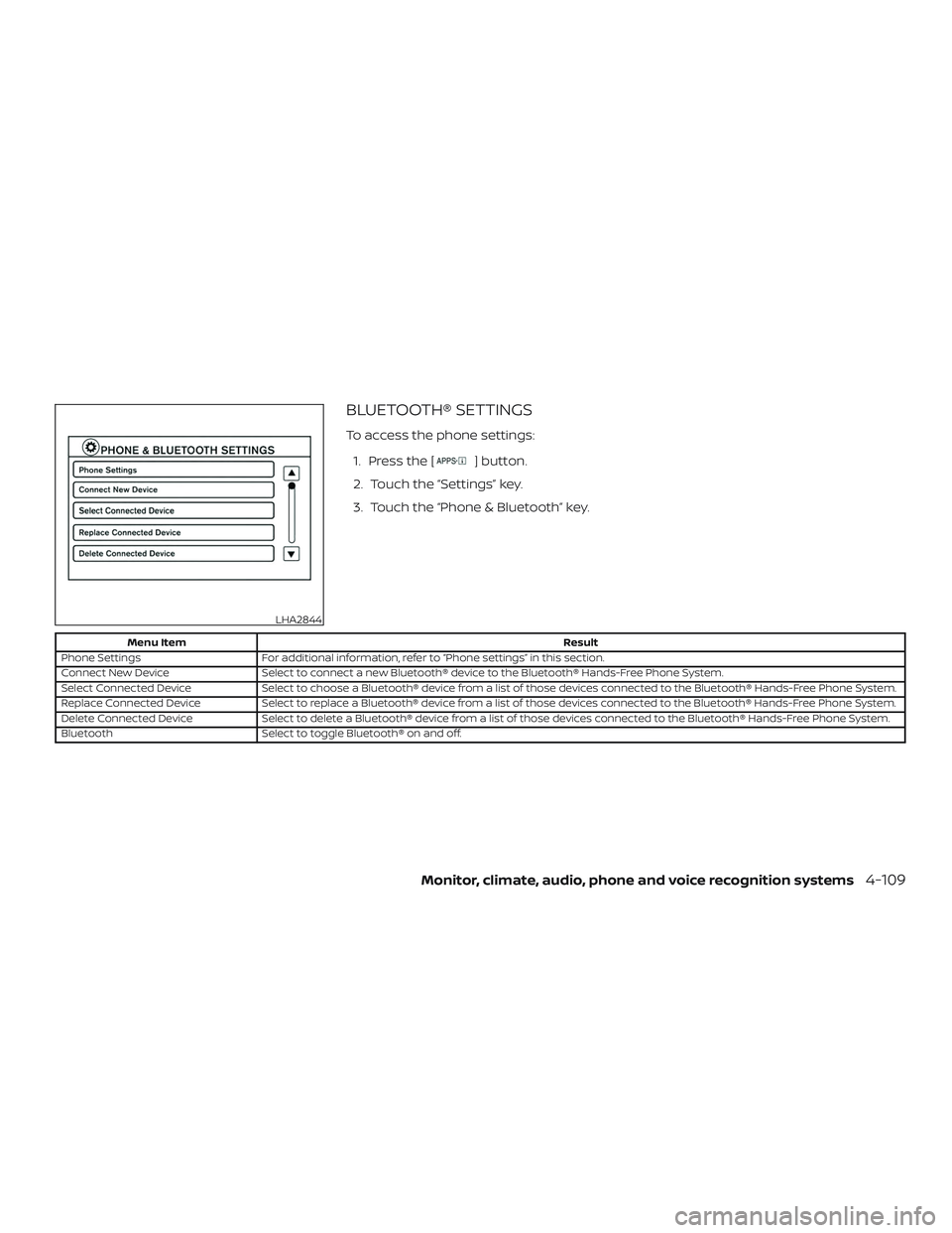 NISSAN FRONTIER 2019  Owner´s Manual BLUETOOTH® SETTINGS
To access the phone settings:1. Press the [
] button.
2. Touch the “Settings” key.
3. Touch the “Phone & Bluetooth” key.
Menu Item Result
Phone Settings For additional inf