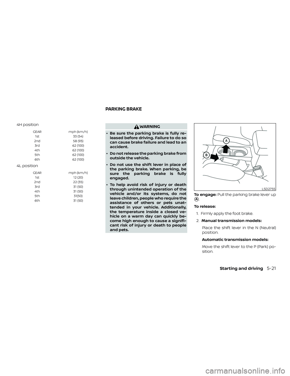 NISSAN FRONTIER 2019  Owner´s Manual 4H position
GEARmph (km/h)
1st 33 (54)
2nd 58 (93)
3rd 62 (100)
4th 62 (100)
5th 62 (100)
6th 62 (100)
4L position
GEARmph (km/h)
1st 12 (20)
2nd 22 (35)
3rd 31 (50)
4th 31 (50)
5th 31(50)
6th 31 (50)