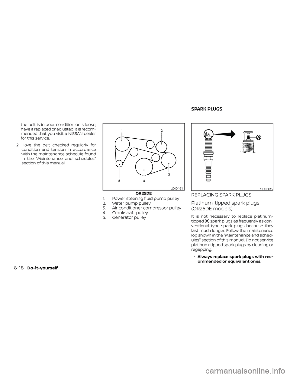 NISSAN FRONTIER 2019  Owner´s Manual the belt is in poor condition or is loose,
have it replaced or adjusted. It is recom-
mended that you visit a NISSAN dealer
for this service.
2. Have the belt checked regularly for condition and tensi