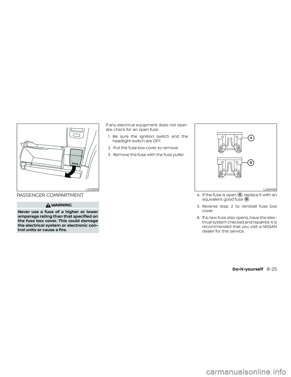 NISSAN FRONTIER 2019  Owner´s Manual PASSENGER COMPARTMENT
WARNING
Never use a fuse of a higher or lower
amperage rating than that specified on
the fuse box cover. This could damage
the electrical system or electronic con-
trol units or 