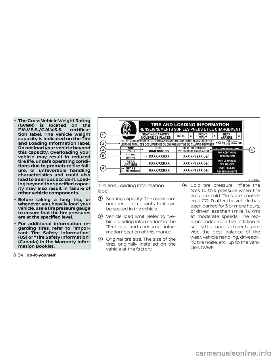 NISSAN FRONTIER 2019  Owner´s Manual ∙ The Gross Vehicle Weight Rating(GVWR) is located on the
F.M.V.S.S./C.M.V.S.S. certifica-
tion label. The vehicle weight
capacity is indicated on the Tire
and Loading Information label.
Do not load