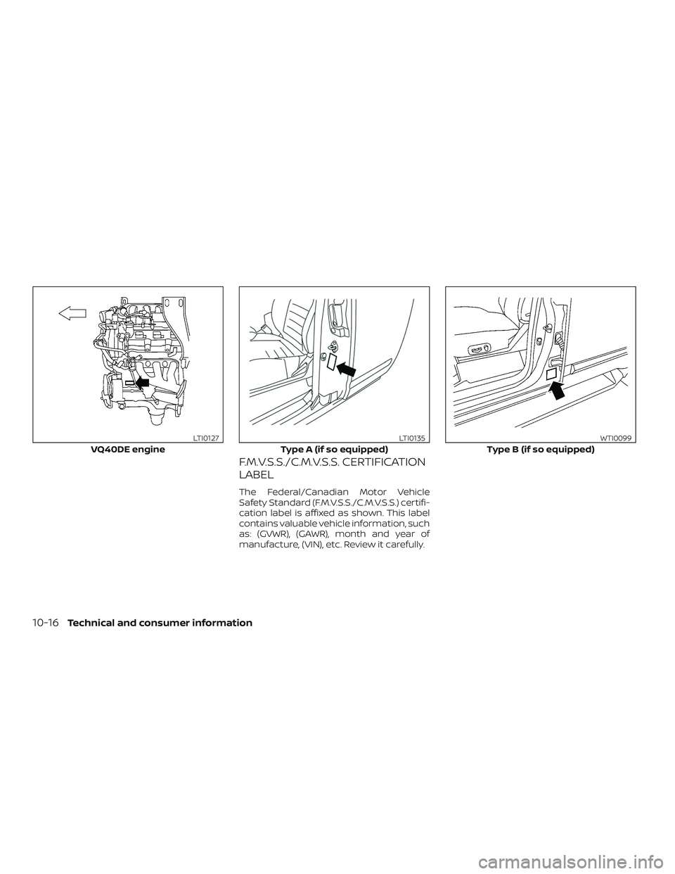 NISSAN FRONTIER 2019  Owner´s Manual F.M.V.S.S./C.M.V.S.S. CERTIFICATION
LABEL
The Federal/Canadian Motor Vehicle
Safety Standard (F.M.V.S.S./C.M.V.S.S.) certifi-
cation label is affixed as shown. This label
contains valuable vehicle inf