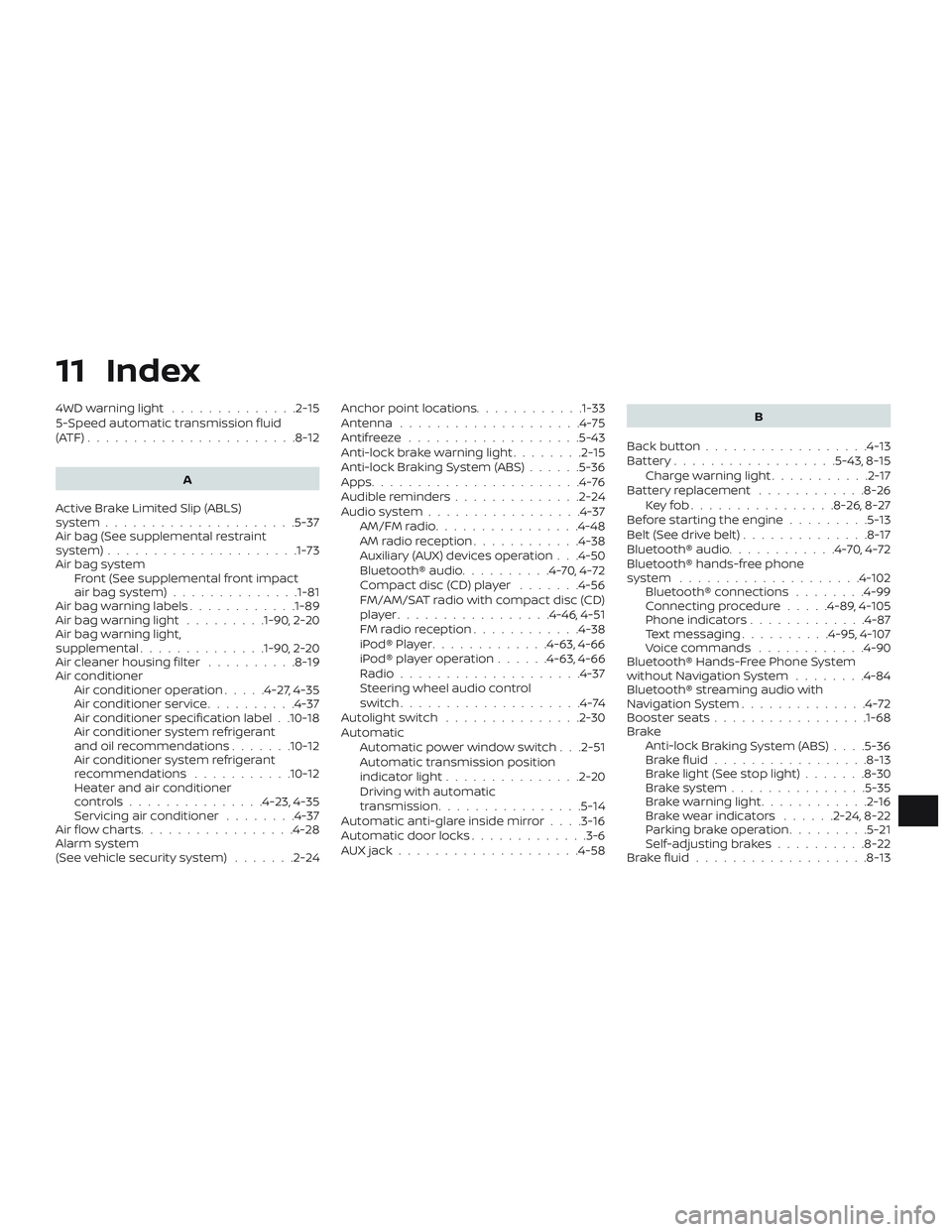 NISSAN FRONTIER 2019 Owner´s Manual 11 Index
4WDwarninglight ..............2-15
5-Speed automatic transmission fluid
(ATF).......................8-12A
Active Brake Limited Slip (ABLS)
system .....................5-37
Air bag (See supple NISSAN FRONTIER 2019 Owner´s Manual 11 Index
4WDwarninglight ..............2-15
5-Speed automatic transmission fluid
(ATF).......................8-12A
Active Brake Limited Slip (ABLS)
system .....................5-37
Air bag (See supple