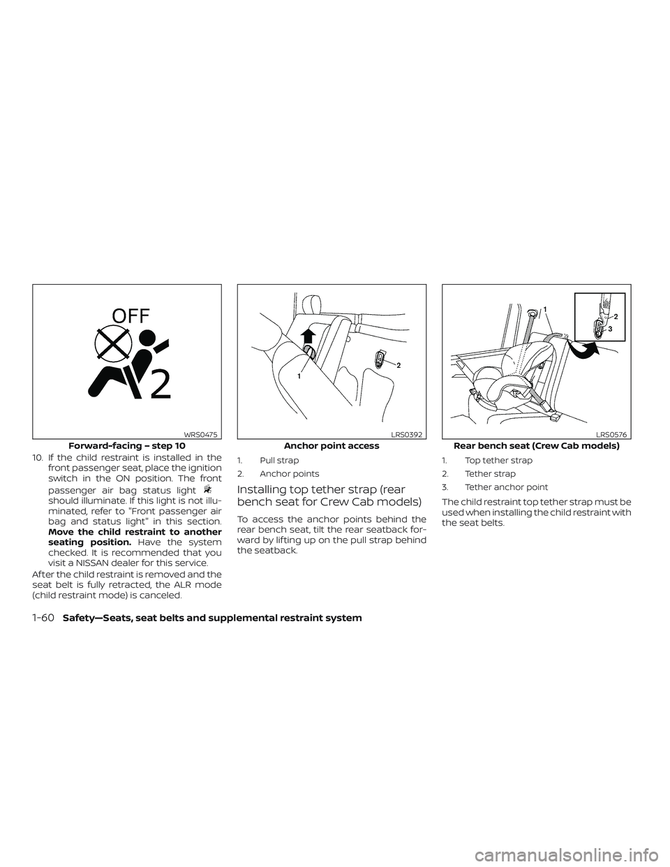NISSAN FRONTIER 2019 Owner´s Manual 10. If the child restraint is installed in thefront passenger seat, place the ignition
switch in the ON position. The front
passenger air bag status light
should illuminate. If this light is not illu- NISSAN FRONTIER 2019 Owner´s Manual 10. If the child restraint is installed in thefront passenger seat, place the ignition
switch in the ON position. The front
passenger air bag status light
should illuminate. If this light is not illu-