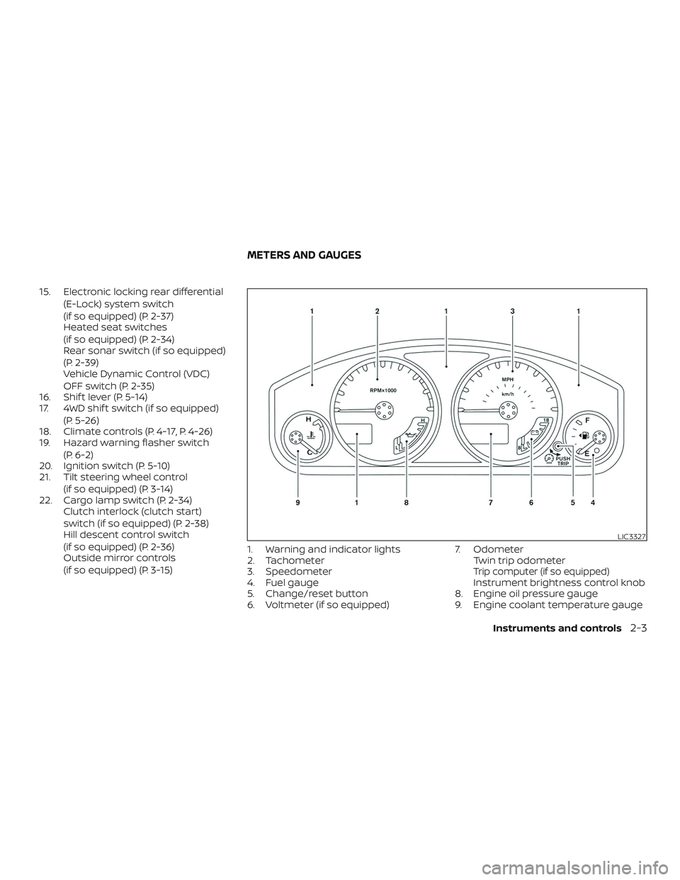 NISSAN FRONTIER 2018  Owner´s Manual 15. Electronic locking rear differential(E-Lock) system switch
(if so equipped) (P. 2-37)
Heated seat switches
(if so equipped) (P. 2-34)
Rear sonar switch (if so equipped)
(P. 2-39)
Vehicle Dynamic C