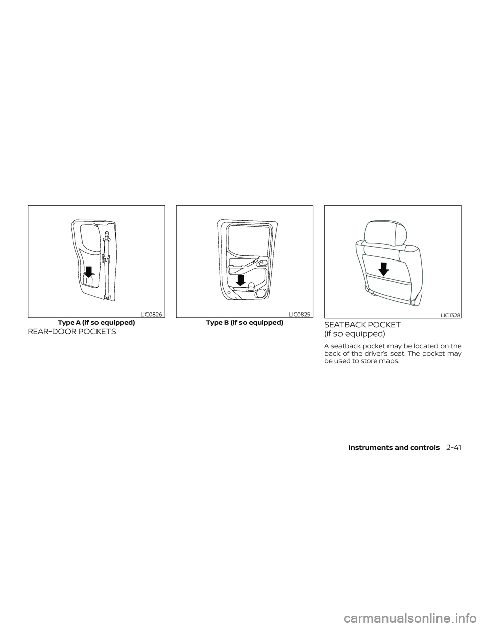 NISSAN FRONTIER 2018  Owner´s Manual REAR-DOOR POCKETSSEATBACK POCKET
(if so equipped)
A seatback pocket may be located on the
back of the driver’s seat. The pocket may
be used to store maps.
Type A (if so equipped)
LIC0826
Type B (if 
