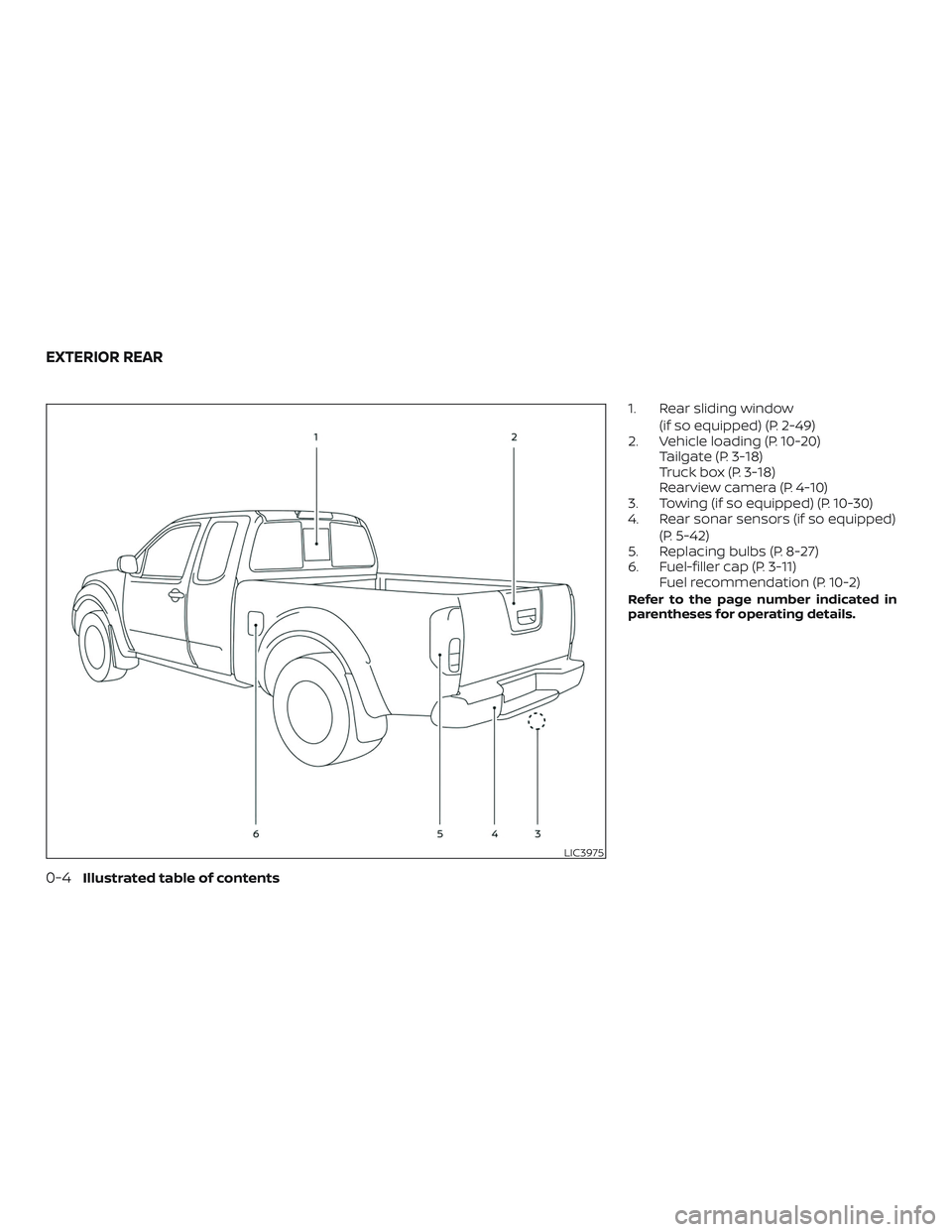 NISSAN FRONTIER 2018  Owner´s Manual 1. Rear sliding window(if so equipped) (P. 2-49)
2. Vehicle loading (P. 10-20) Tailgate (P. 3-18)
Truck box (P. 3-18)
Rearview camera (P. 4-10)
3. Towing (if so equipped) (P. 10-30)
4. Rear sonar sens